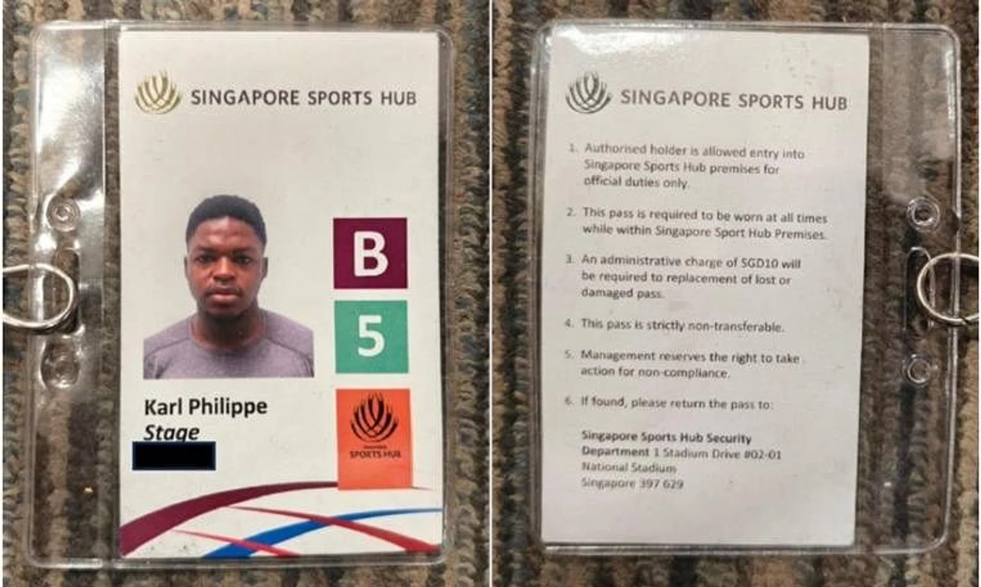 The Singapore Sports Hub staff pass forged by Karl Phillippe Njiomo Tengueu, who was jailed for 10 weeks on May 24.