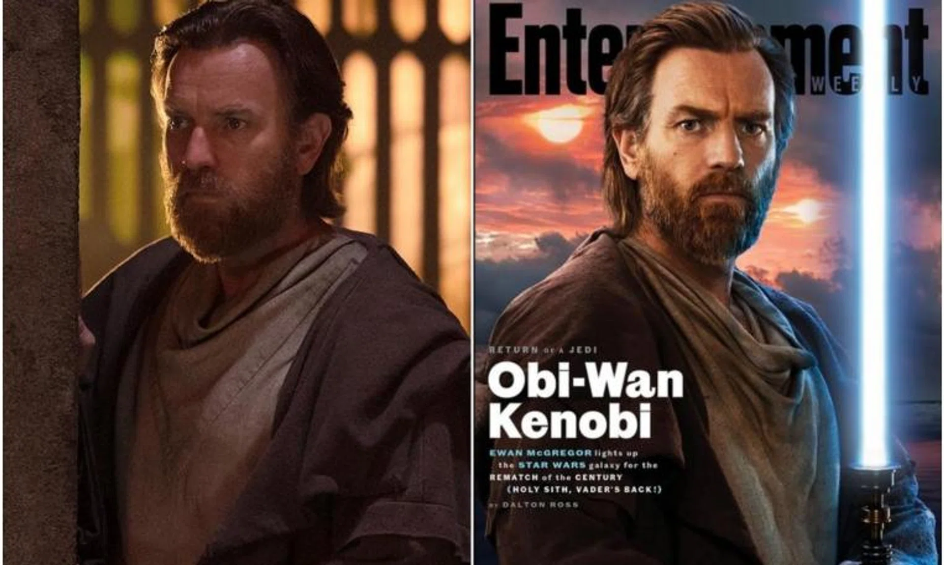 Scottish actor Ewan McGregor is seen holding Kenobi's iconic blue lightsaber on the cover of American magazine Entertainment Weekly.
