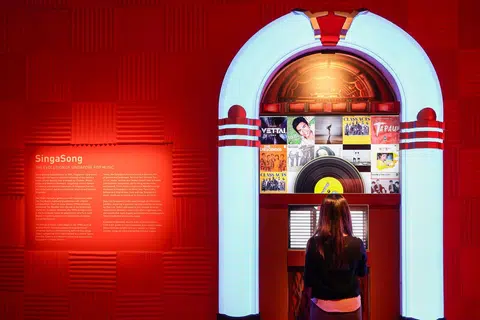 An overview of the jukebox at SingaSong, a specially curated selection of songs by Dick Lee, featured within the SingaPop! 60 Years of Singapore Pop Culture exhibition at the ArtScience Museum.