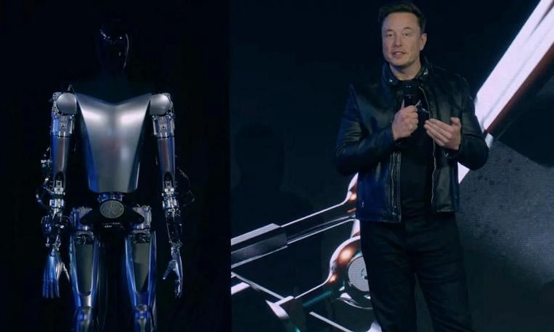 Tesla CEO Elon Musk standing next to Optimus the humanoid robot in Palo Alto, California, during a live stream on Sept 30, 2022.