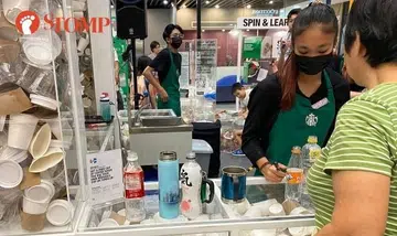 Auntie brings 7 containers to claim free Starbucks coffee