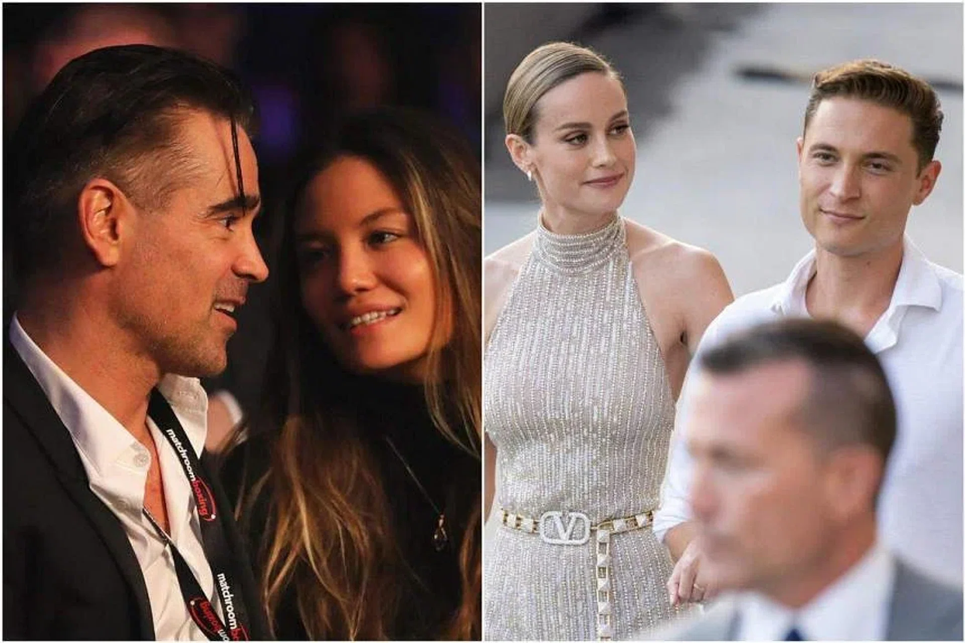 Colin Farrell and Kelly MacNamara (left) had been together since 2017, while Brie Larson and Elijah Allan-Blitz were first captured kissing in July 2019.