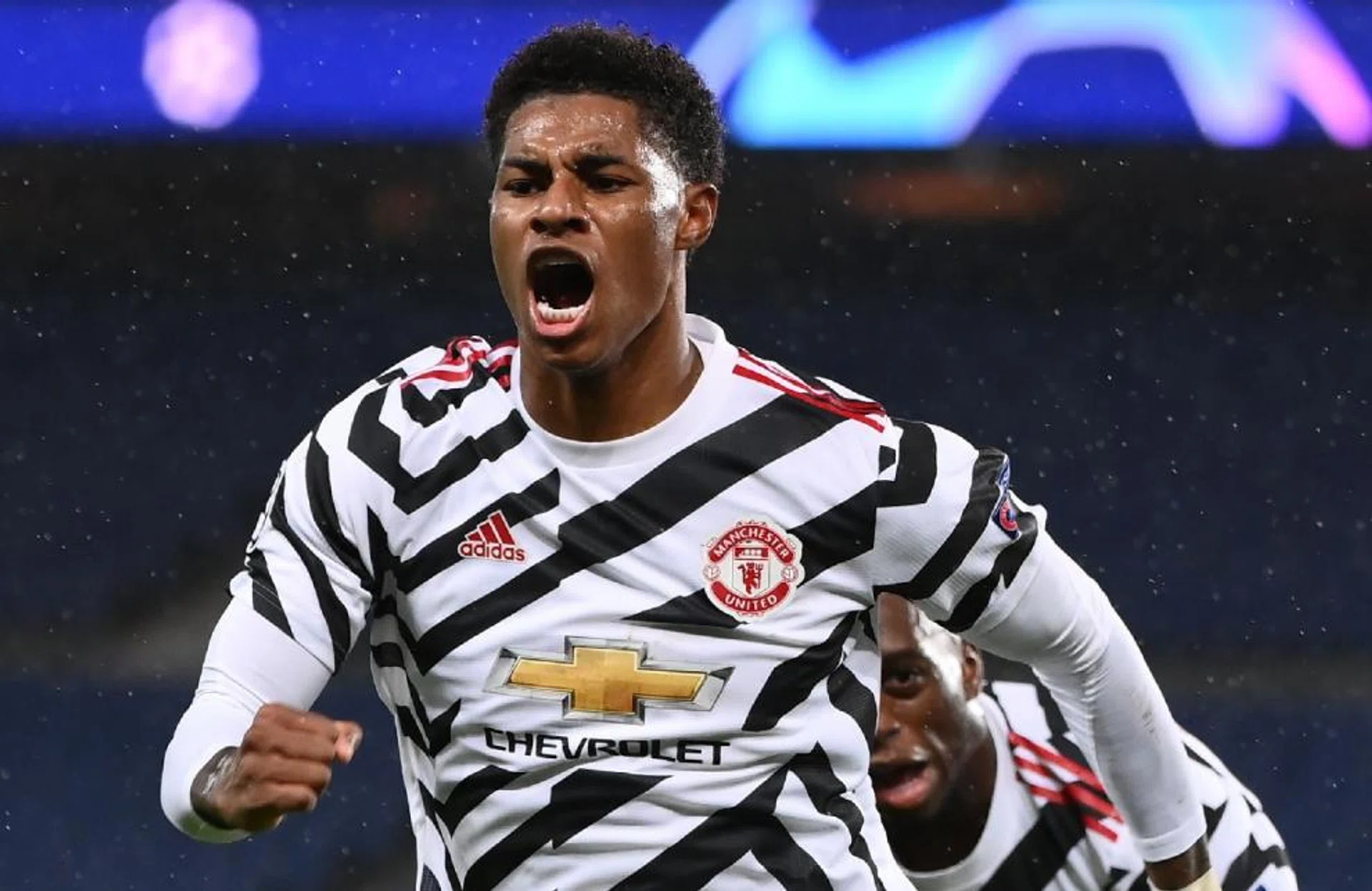 Manchester United forward Marcus Rashford celebrating after bagging the winner in his side's 2-1 victory away to Paris Saint-Germain in the Champions League.