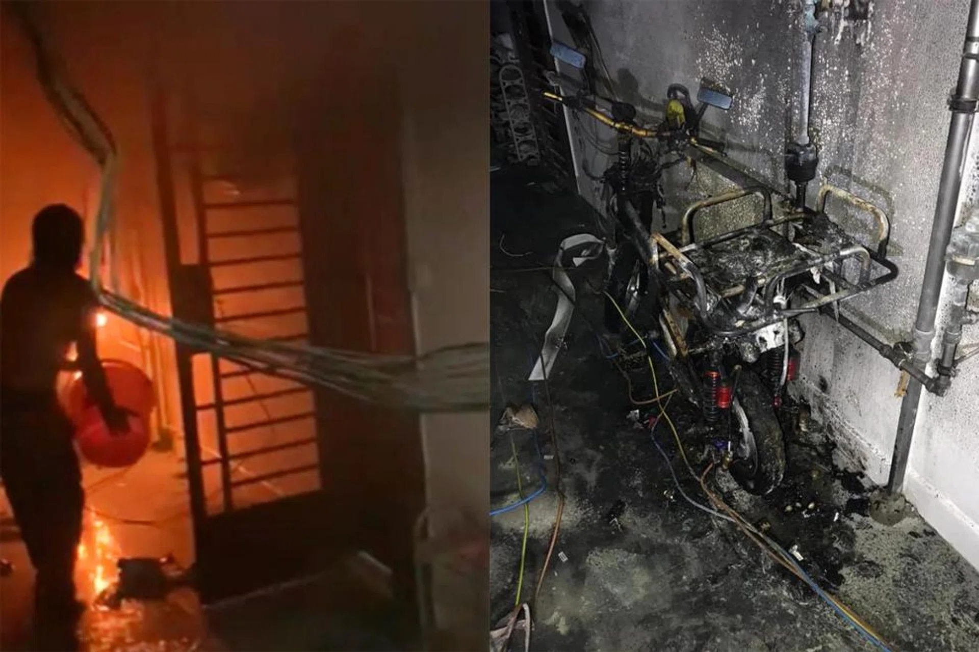 (Left) Mr Abdullah Mohammad Taha trying to douse the flames with pails of water. (Right) The power-assisted bicycle that caught fire. 