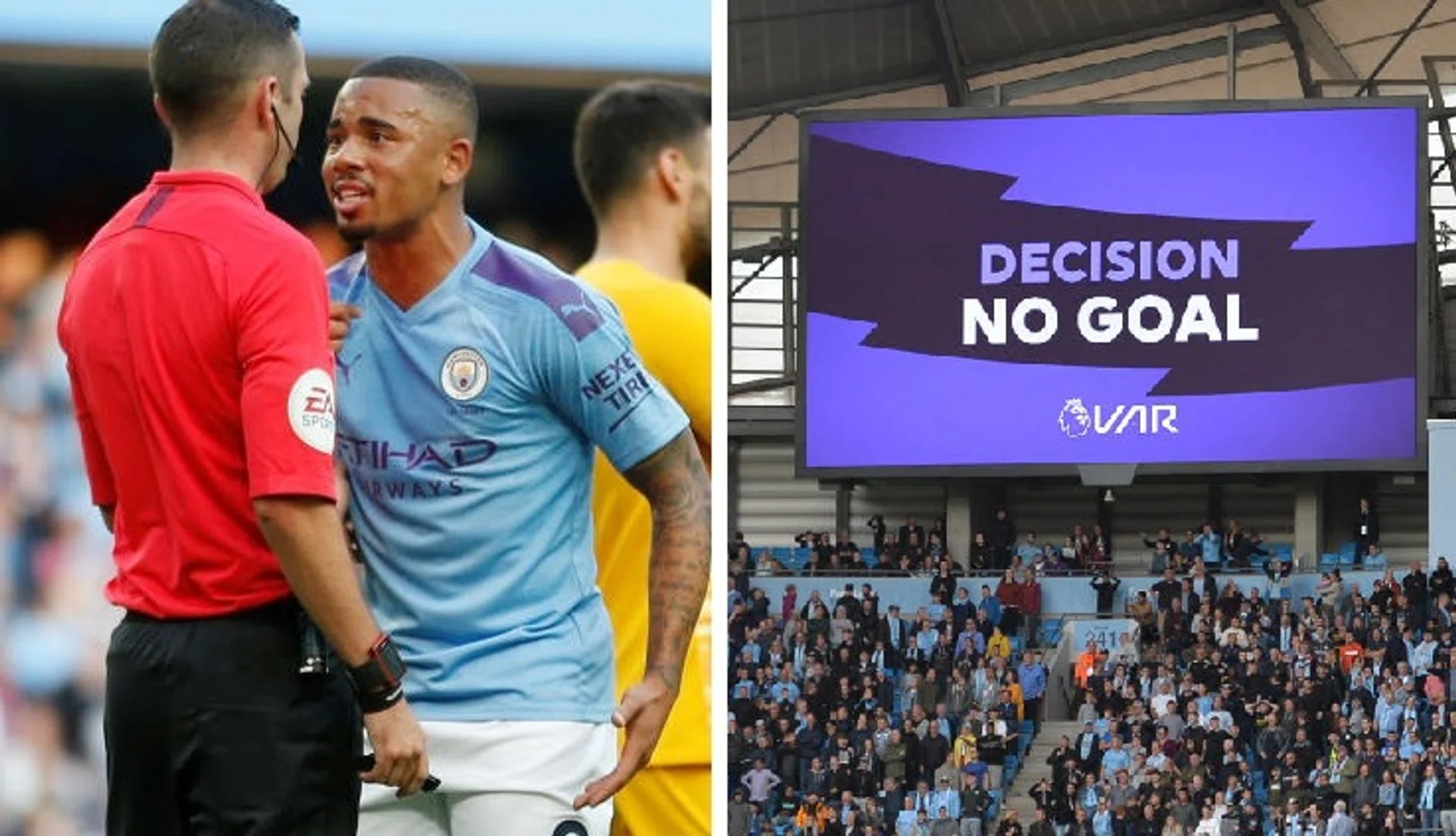 Manchester City striker Gabriel Jesus remonstrates with referee Michael Oliver after his last-gasp goal was disallowed by the VAR.