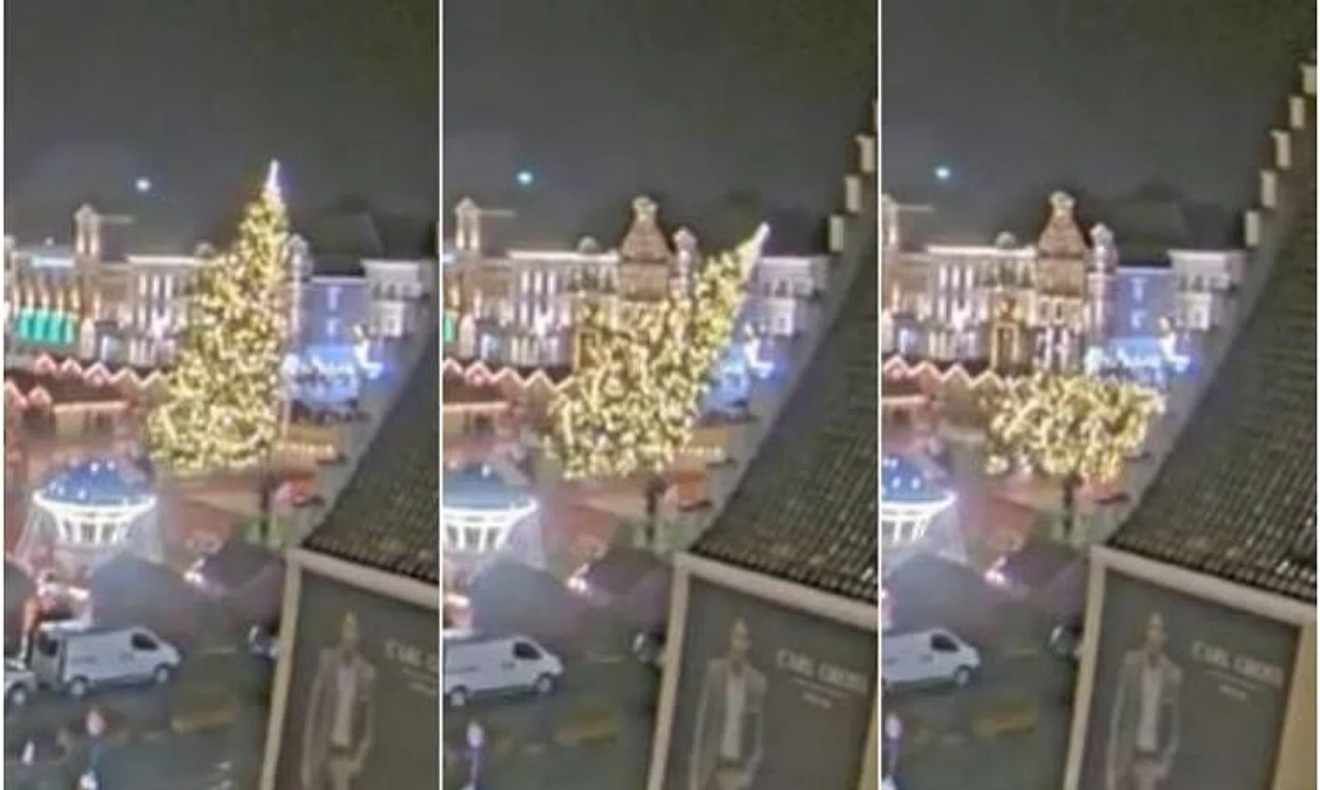 Security camera footage showed the Christmas tree slowly leaning over, then collapsing next to a Christmas market.