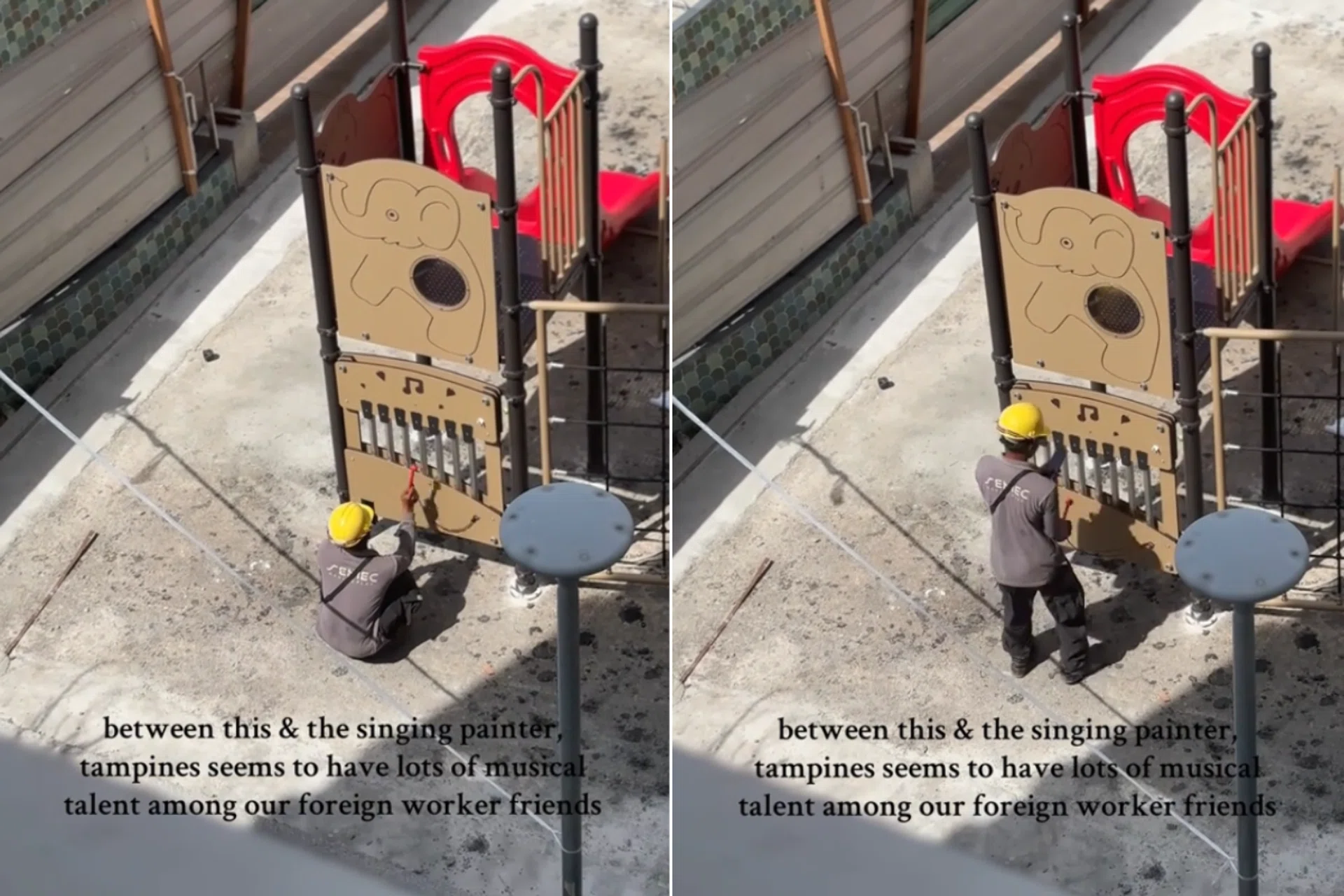 A migrant worker makes music with playground equipment in a moment that drew praise from netizens. 
