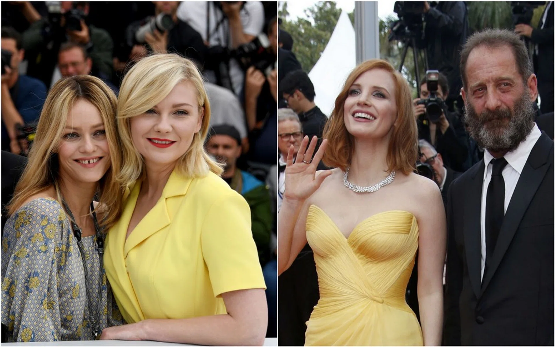 (Left) Vanessa Paradis and Kirsten Dunst, (right) Jessica Chastain and Vincent Lindon. 