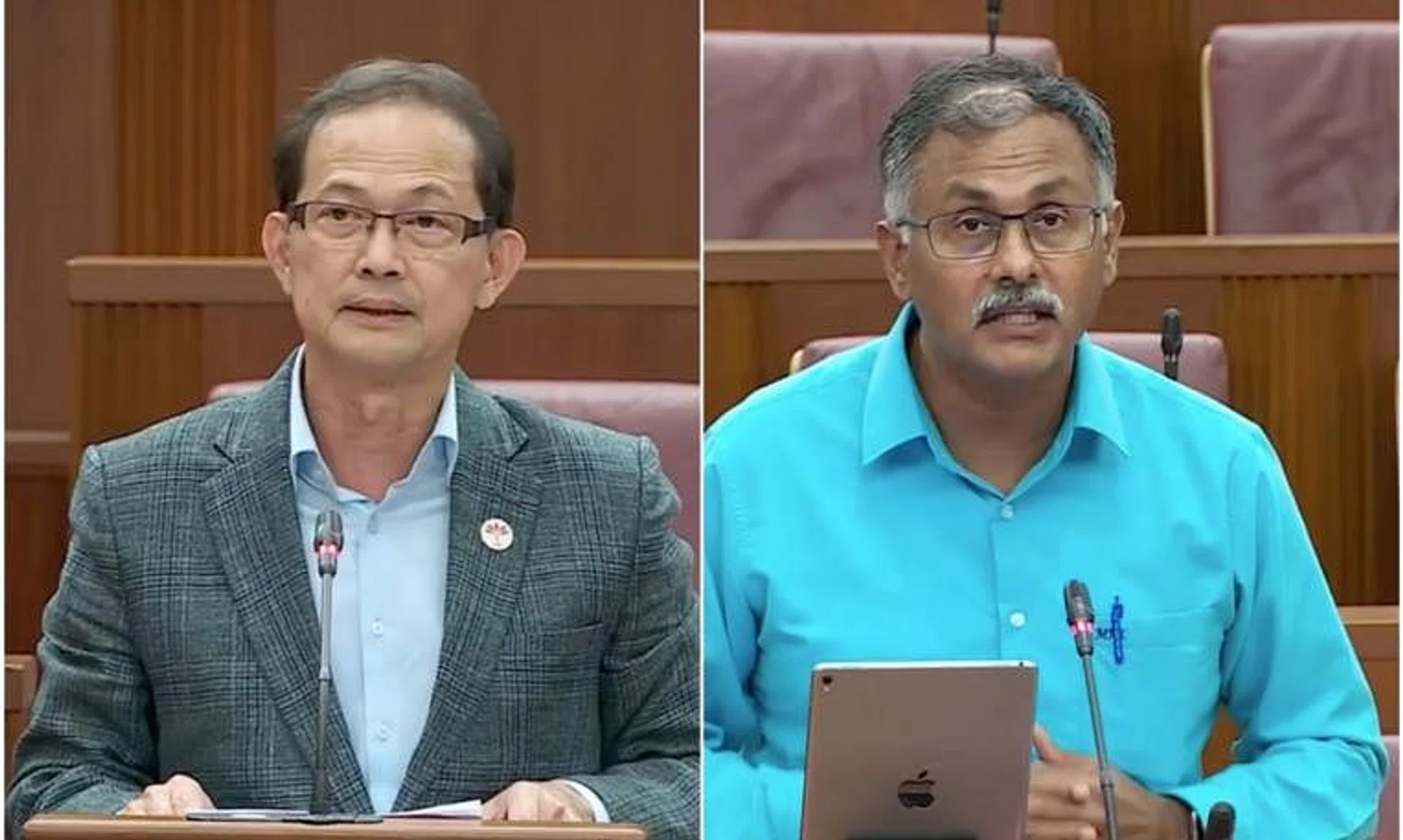 NCMP Leong Mun Wai (left) and Bukit Batok MP Murali Pillai had risen to speak during the debate on the Lease Agreements for Retail Premises Bill in Parliament.