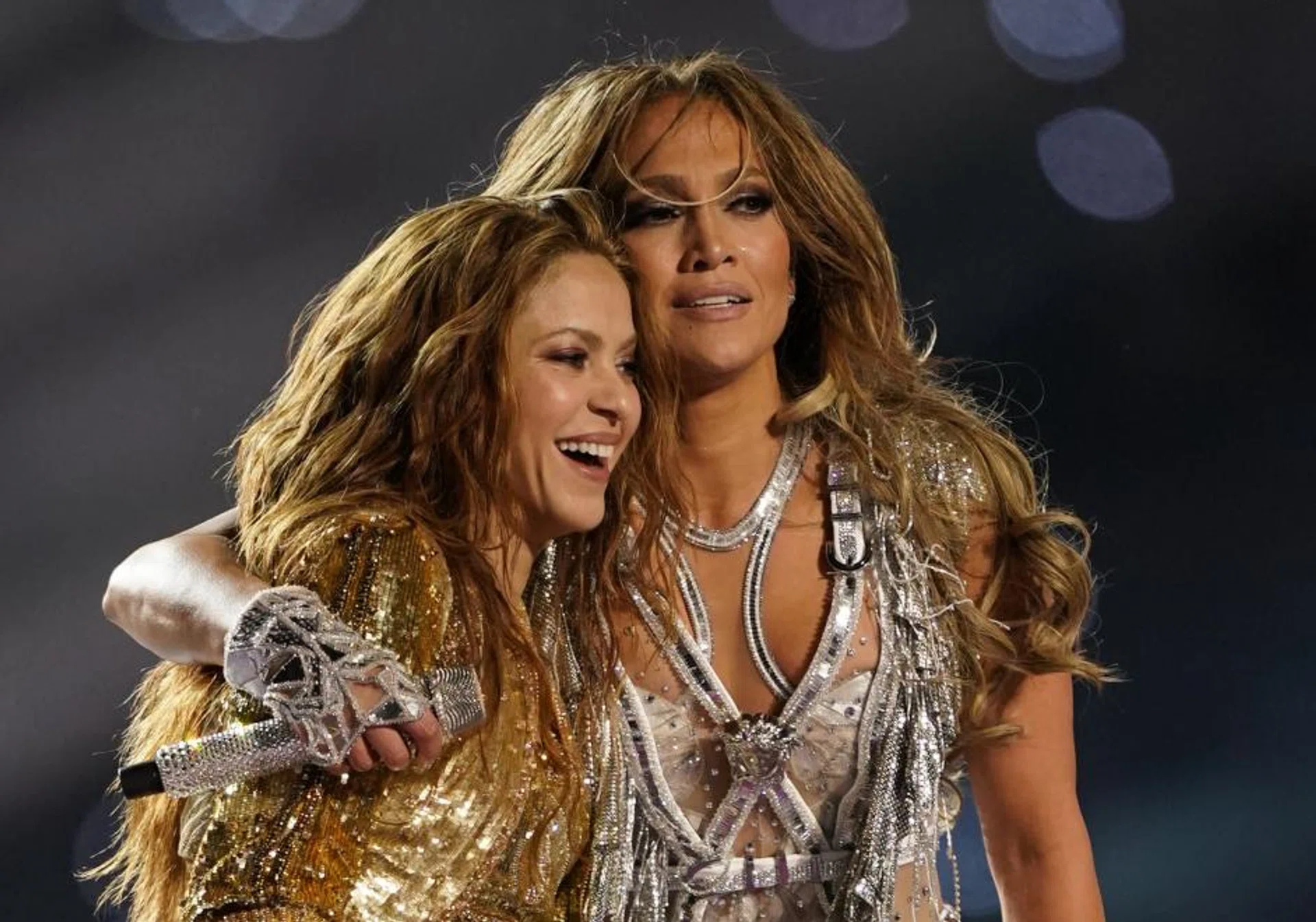 Singers Shakira and Jennifer Lopez perform during the Pepsi Super Bowl LIV Halftime Show at Hard Rock Stadium on February 02, 2020 in Miami, Florida.