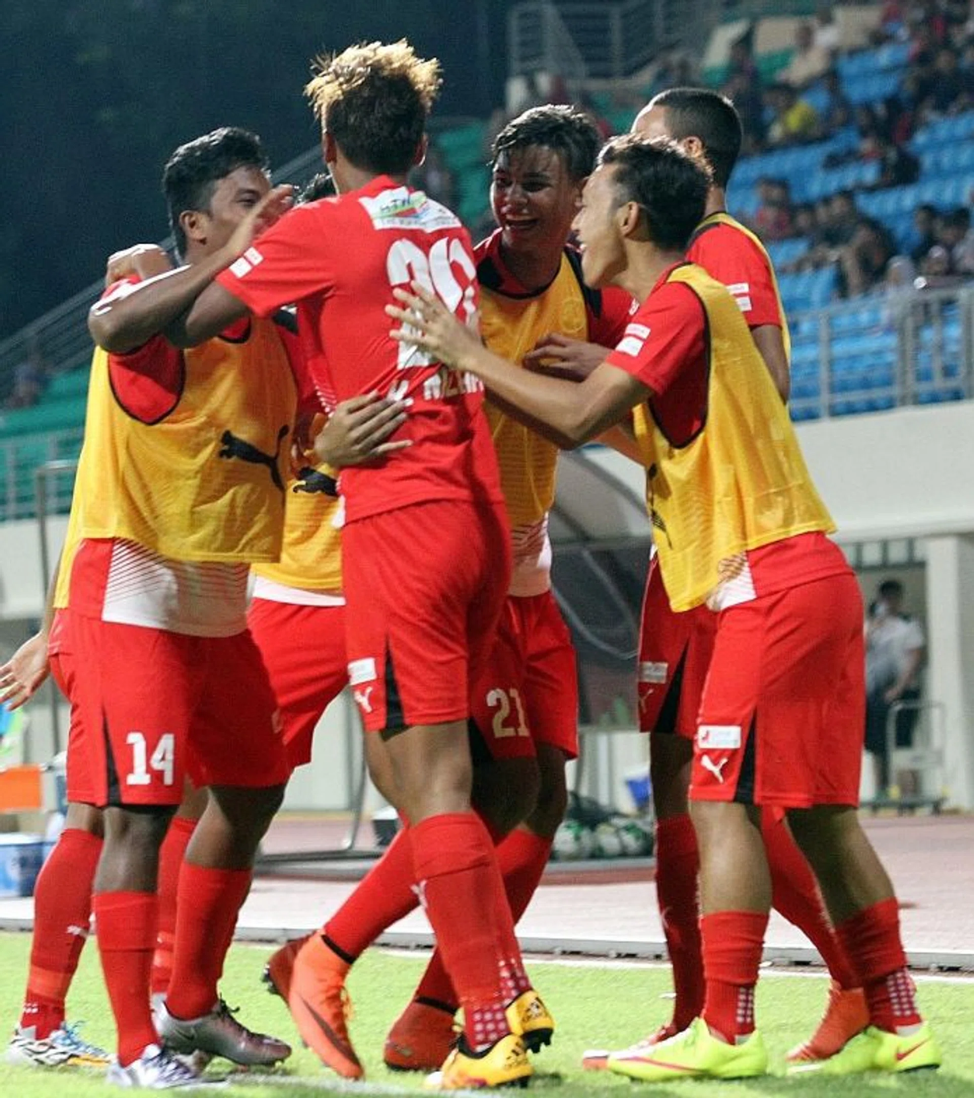 FIRST WIN: Home United players celebrating one of their goals in the 4-1 victory over the Garena Young Lions.