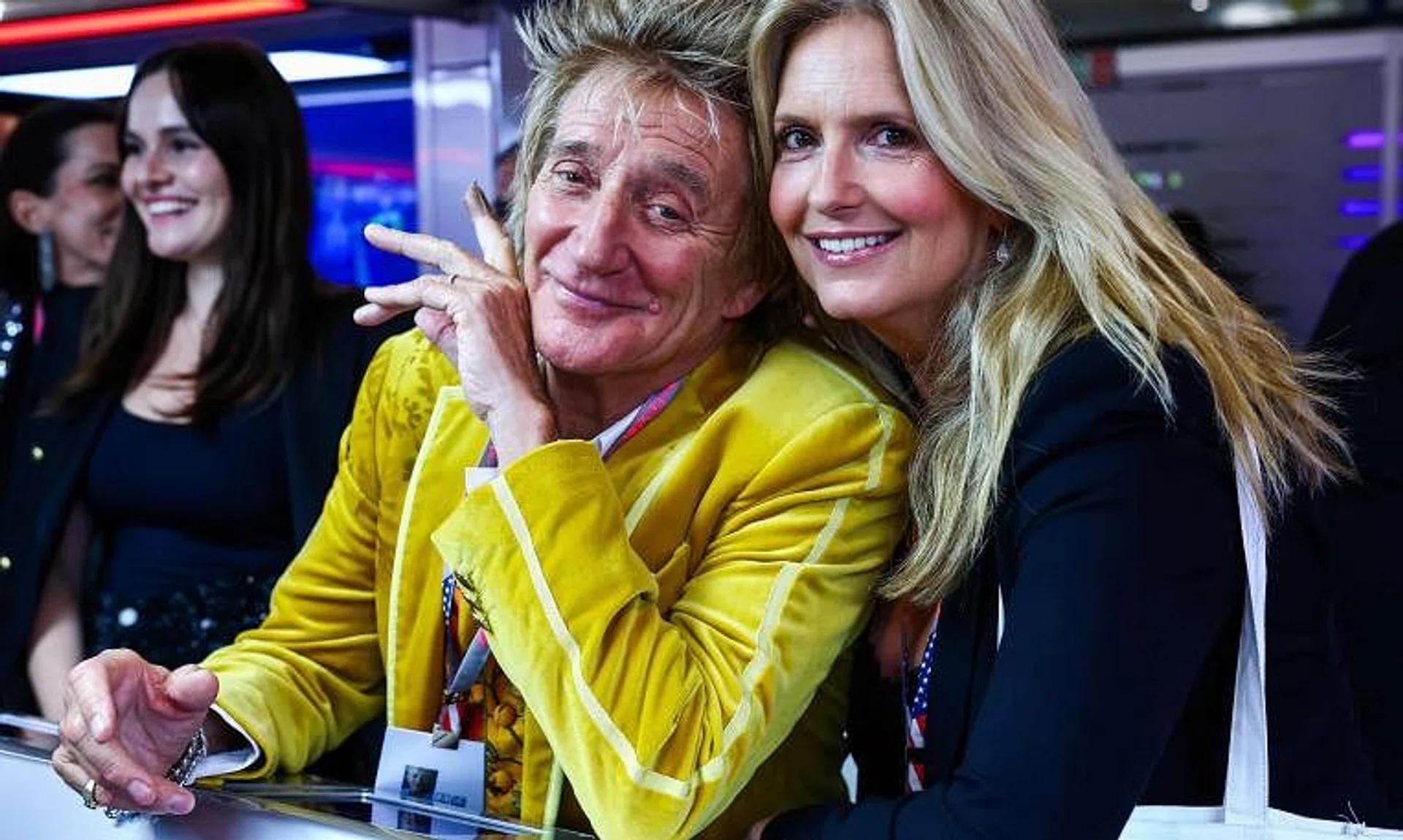Veteran British singer Rod Stewart and his wife Penny Lancaster at the Red Bull Racing garage, in November 2023.  