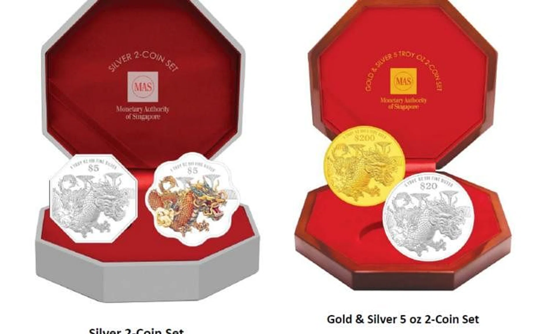Prices of sets range from $272 for a silver two-coin set to $22,245 for a gold and silver five-ounce two-coin set.