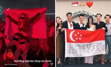 S'pore flag treated like 'piece of rag' at foreign music festival, defaced in group photo at male pageant