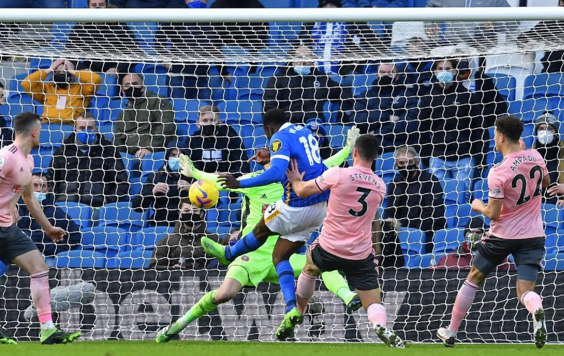 Brighton & Hove Albion striker Danny Welbeck (in blue) equalising three minutes from time to earn a 1-1 draw with bottom-side Sheffield United.