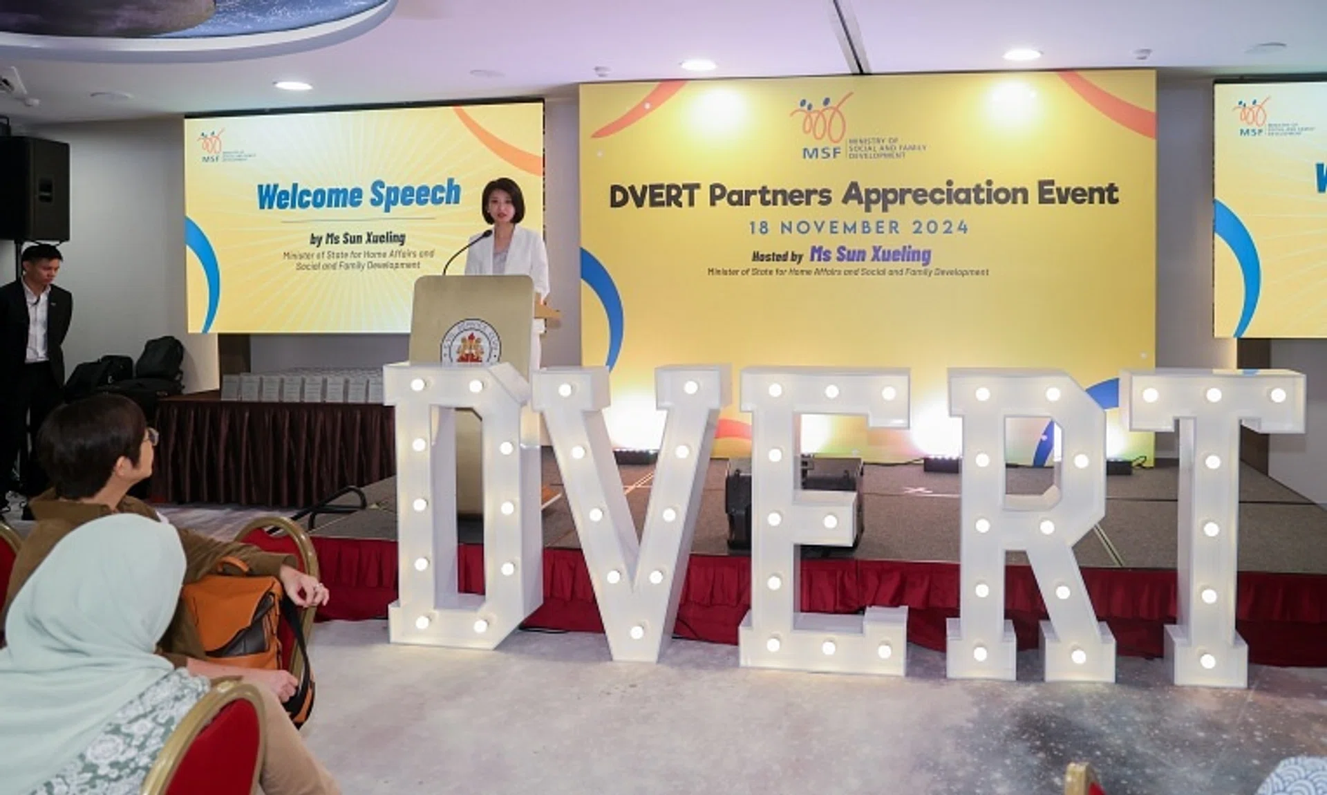 Minister of State for Social and Family Development Sun Xueling speaking at an appreciation event for partners of the Domestic Violence Emergency Response Team on Nov 18.
