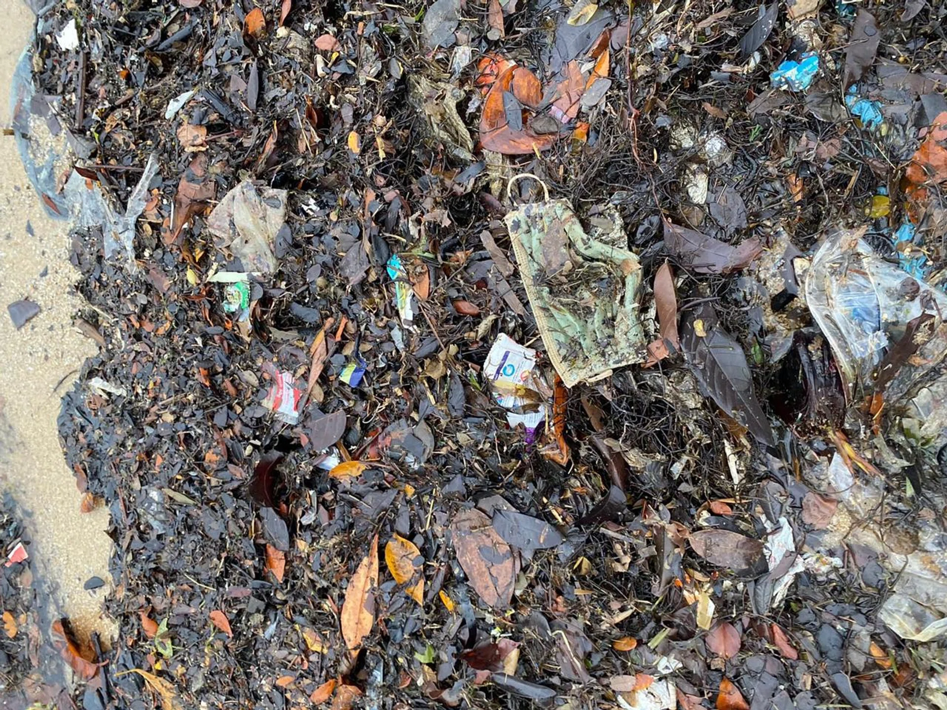 A surgical mask found among other pieces of trash at the park. 