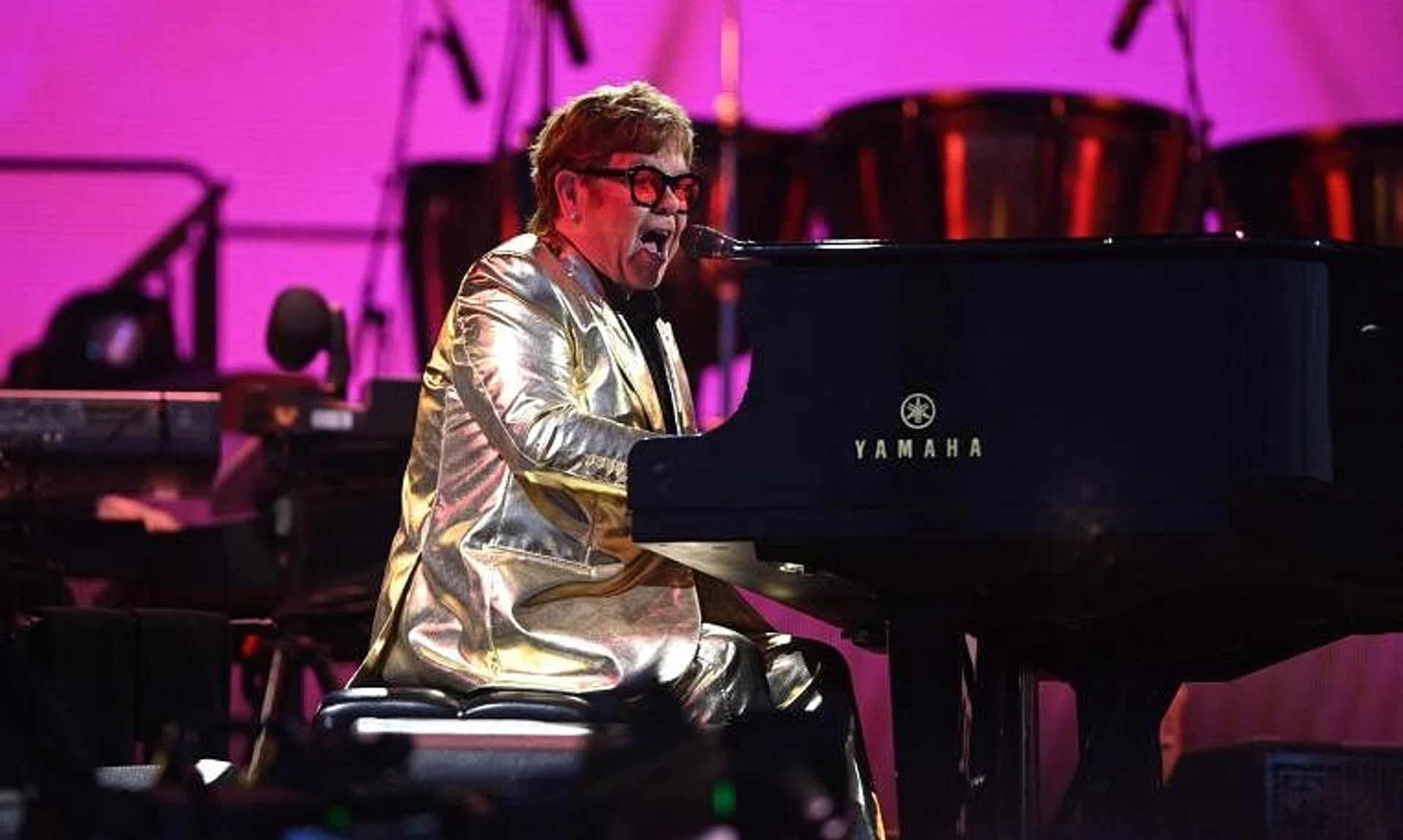 British legendary singer Elton John performs on the Pyramid Stage on day 5 of the Glastonbury festival, on June 25, 2023. 