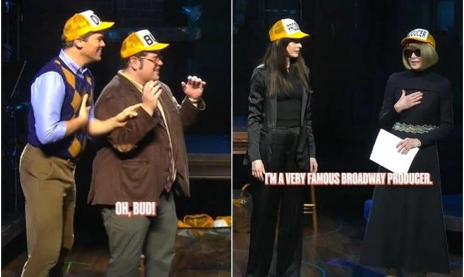 (From left) Gutenberg! The Musical! actors Andrew Rannells and Josh Gad, Oscar-winning actress Anne Hathaway and Vogue editor-in-chief Anna Wintour.