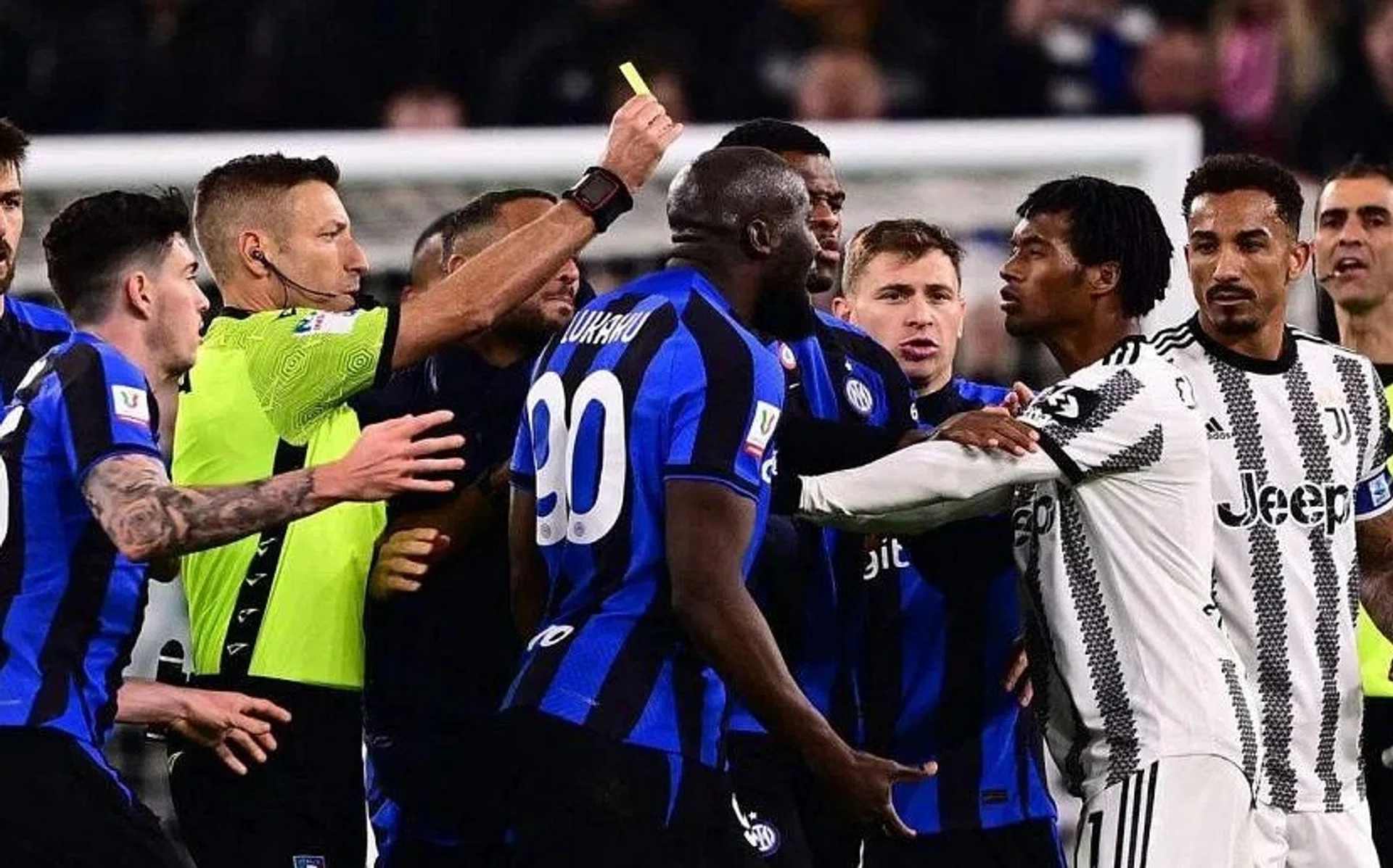 Inter's Romelu Lukaku arguing with Juventus’ Juan Cuadrado after he received a second yellow card in the Italian Cup semi-final first leg in Turin.