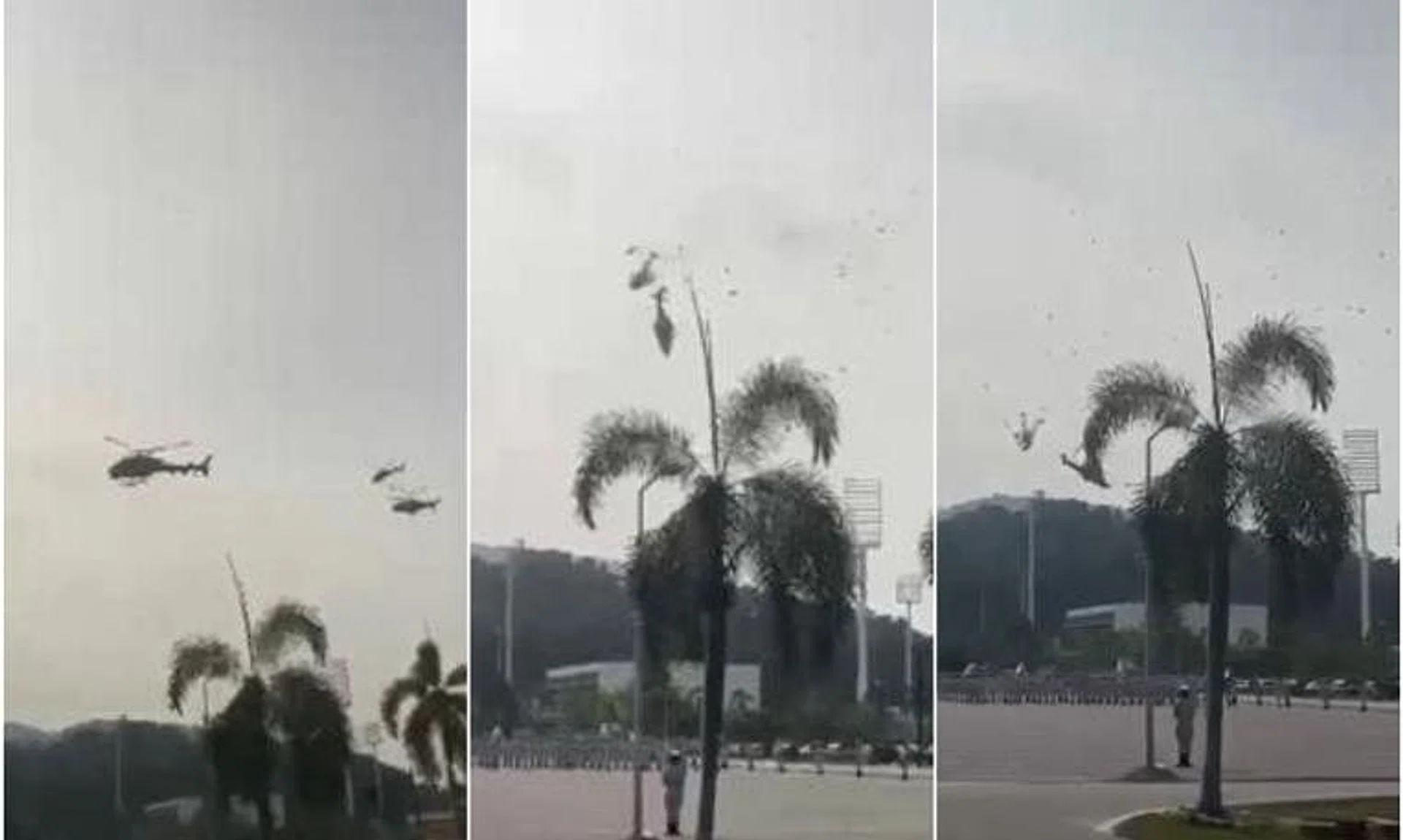 A video of the incident shows one of the helicopters clipping the rotor of the other aircraft before the two crash into the ground.