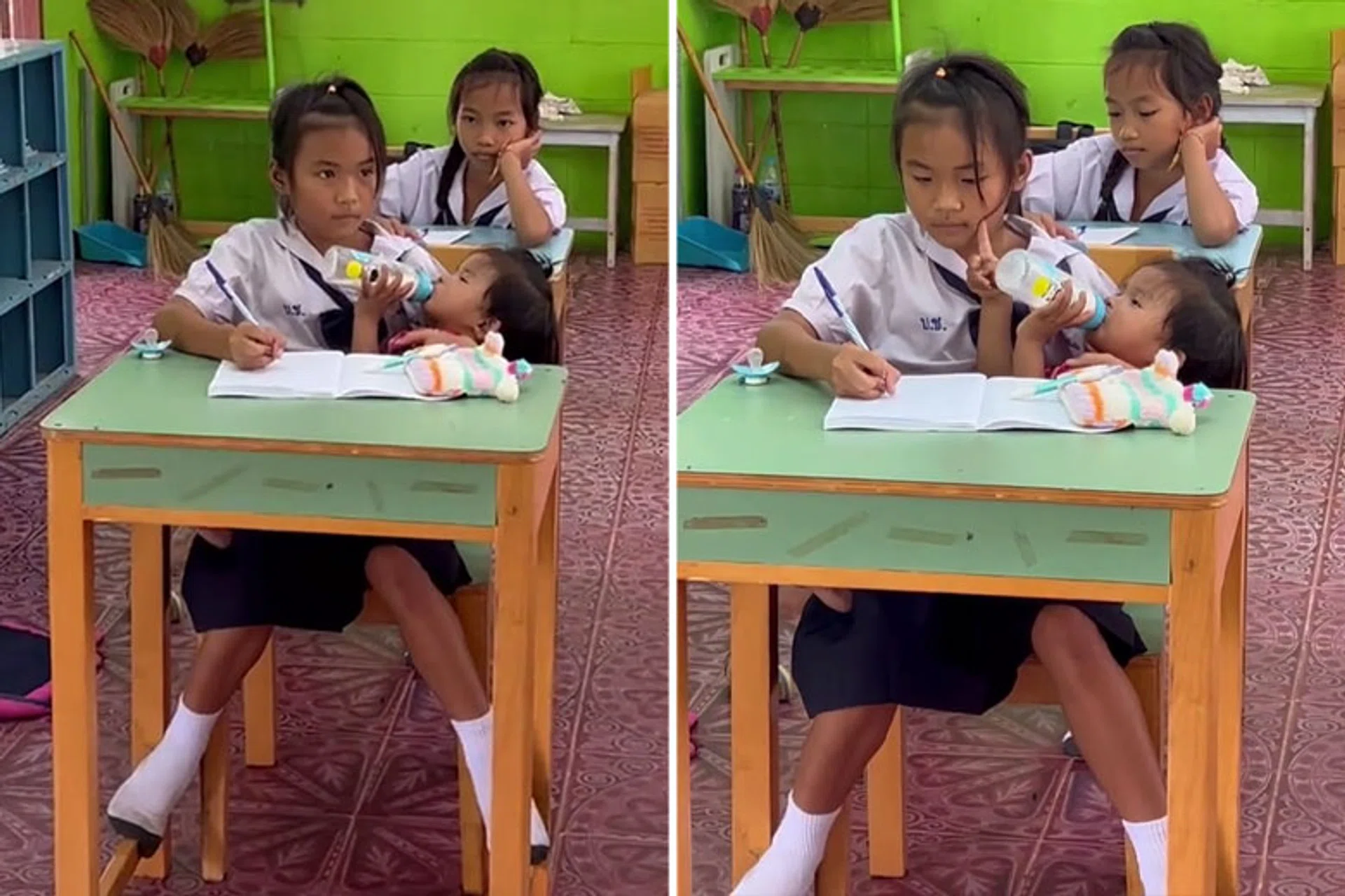 A girl in Thailand has gone viral for juggling school and being a responsible big sister.
