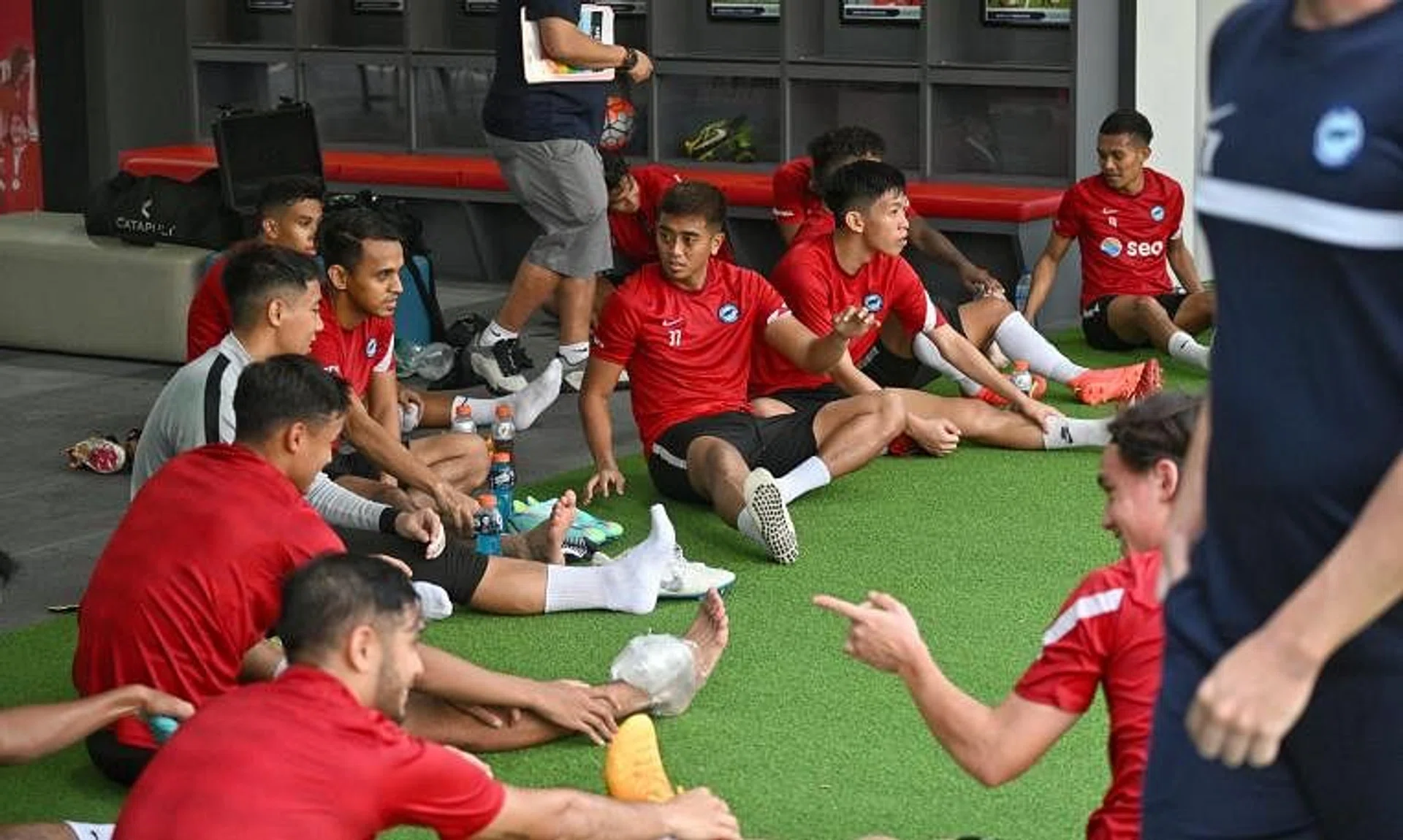 Singapore's Lions taking a break during a training session at the Kallang Foodball Hub on Dec 21, 2022. 