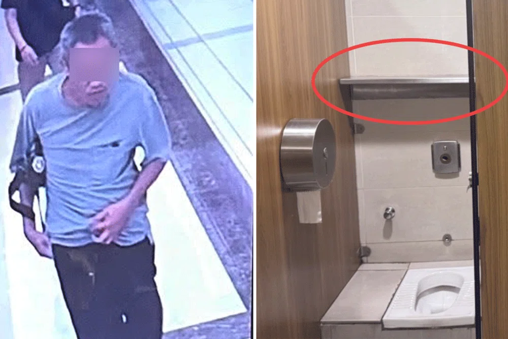 The man who allegedly stole over RM 2,500 from Singaporean Mohd (left). It is believed the thief stood on the metal plate in his own cubicle to gain height and reach over the partition (right).