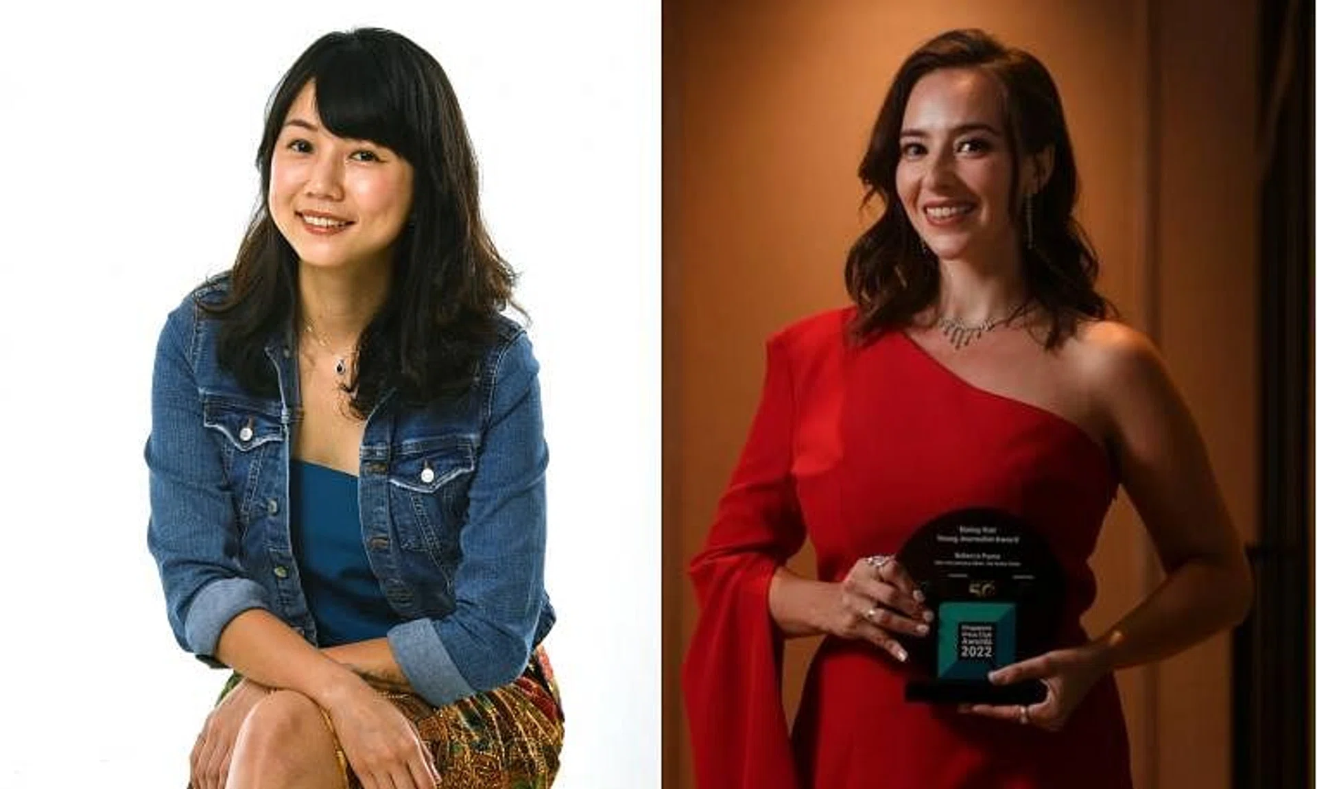 Straits Times journalists Audrey Tan (left) and Rebecca Pazos received awards by the Singapore Press Club at its 50th anniversary.