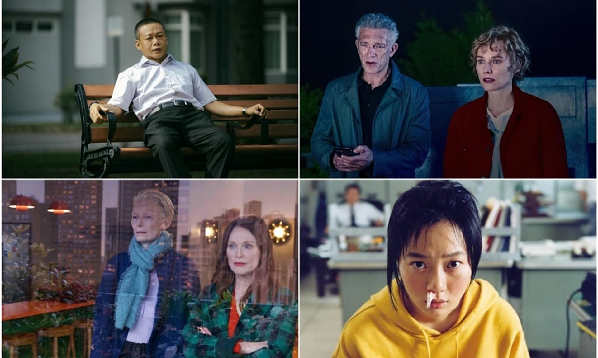 (Clockwise from top left) Lee Kang-sheng in Stranger Eyes, Vincent Cassel and Diane Kruger in The Shrouds, Bae Doona in Barking Dogs Never Bite, and Julianne Moore and Tilda Swinton in The Room Next Door.
