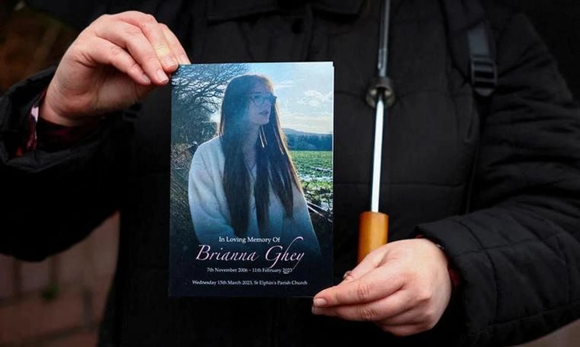 A mourner holds the order of service for the funeral of Brianna Ghey, a 16-year-old transgender girl, in Warrington, Britain.