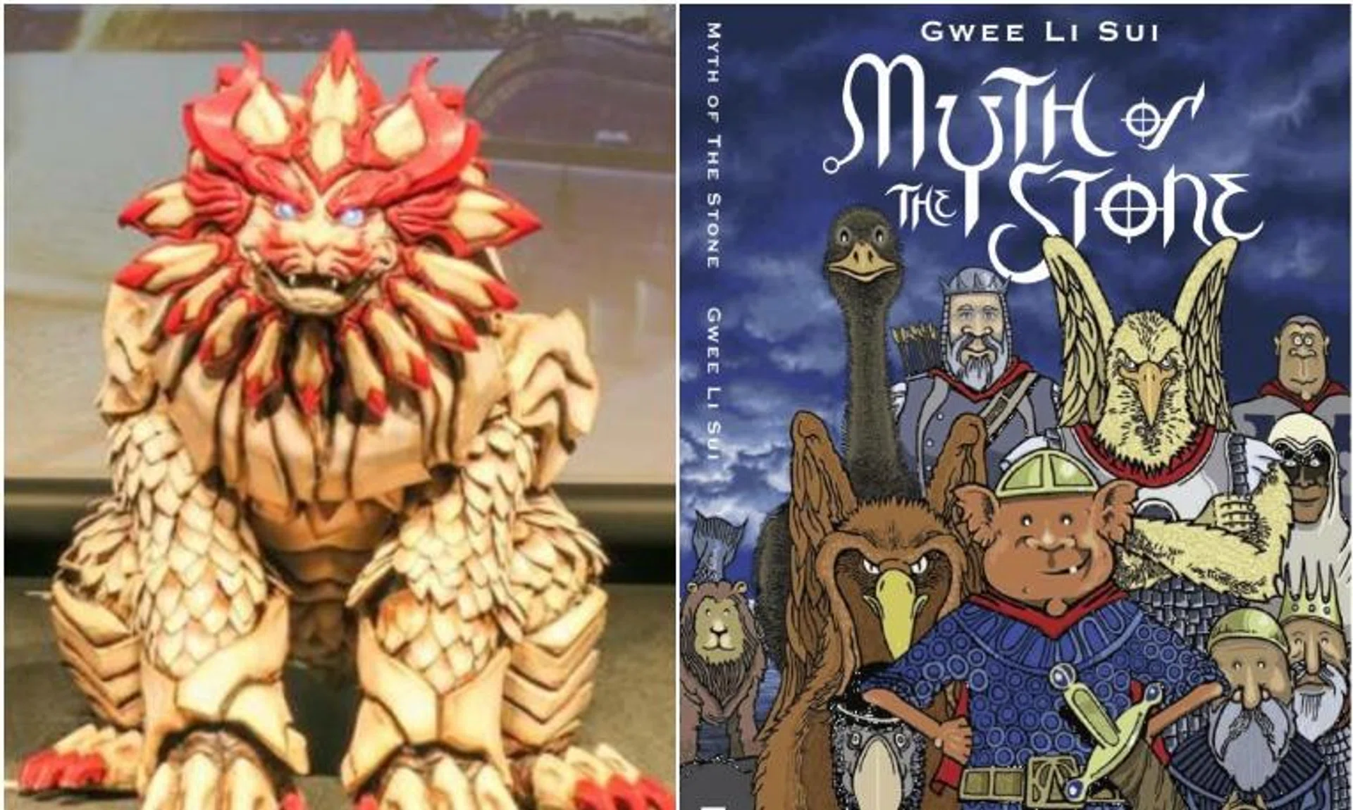 Gwee Li Sui pointed out the similarities between STB's "Merliger" (left) and the Merlions of his 1993 graphic novel, The Myth Of The Stone.
