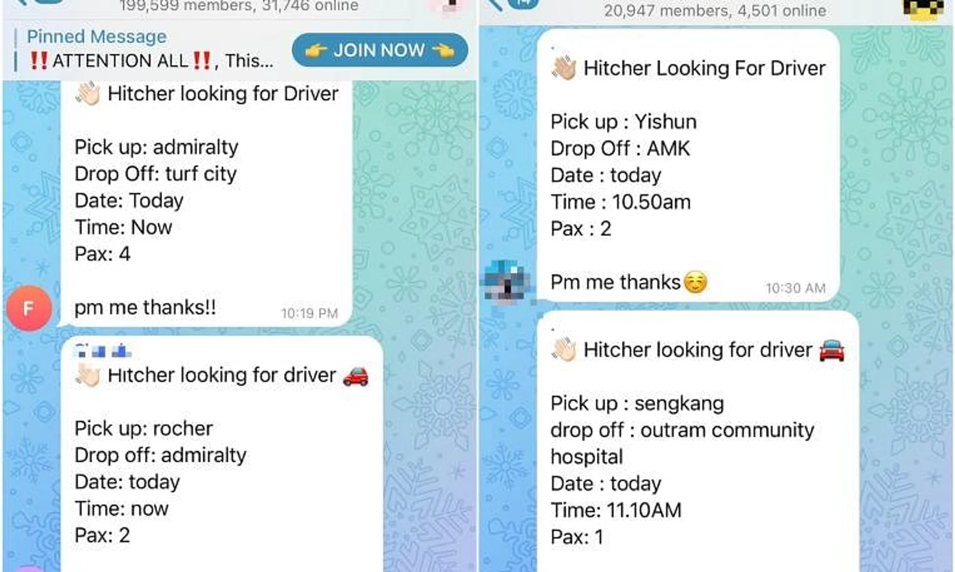 The largest carpooling chat group here, SG Hitch, has over 199,000 members as at Saturday, up from about 56,000 members in April 2020.