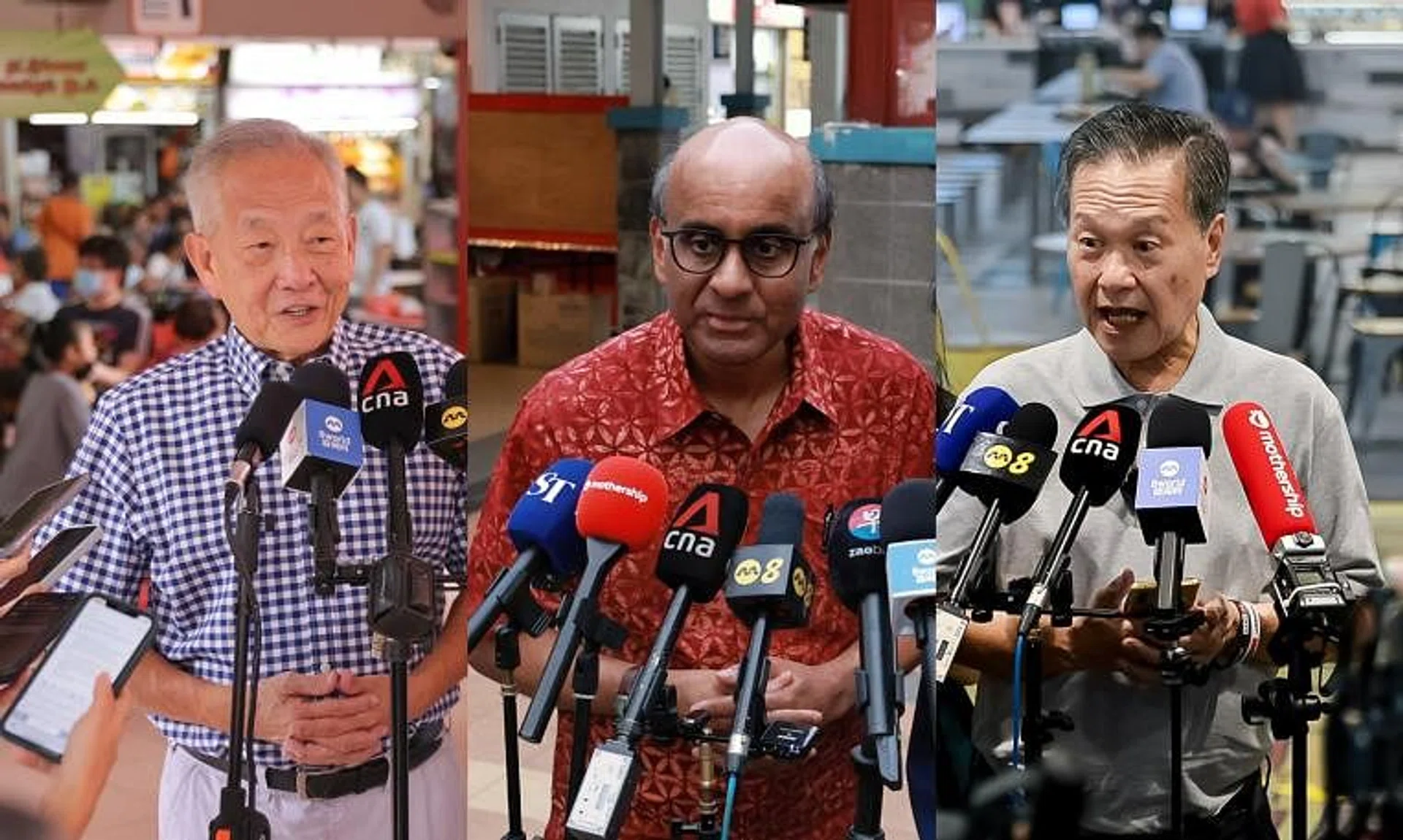 (From left) Mr Ng Kok Song, Mr Tharman Shanmugaratnam and Mr Tan Kin Lian were quick to credit their partners who have been supporting them on their campaign.