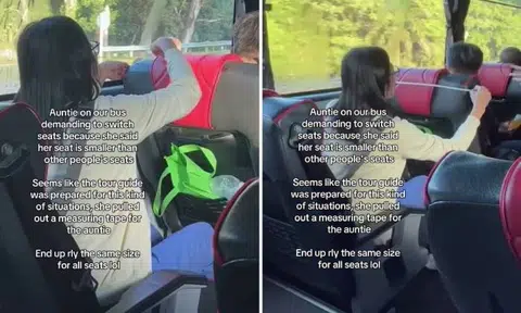Woman says coach seat too small, so tour guide pulls out measuring tape