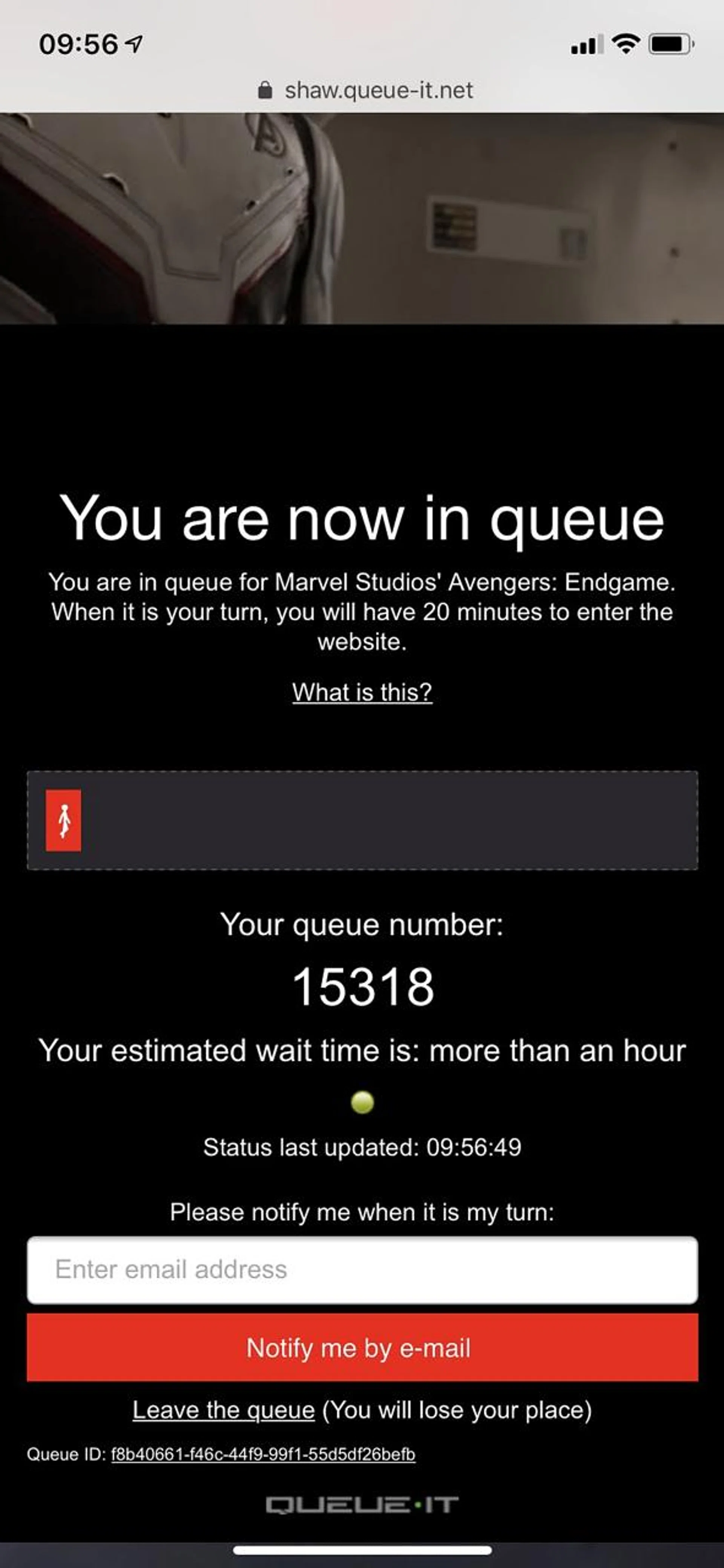 The queue page for Avengers: Endgame tickets on the Shaw Theatres website.