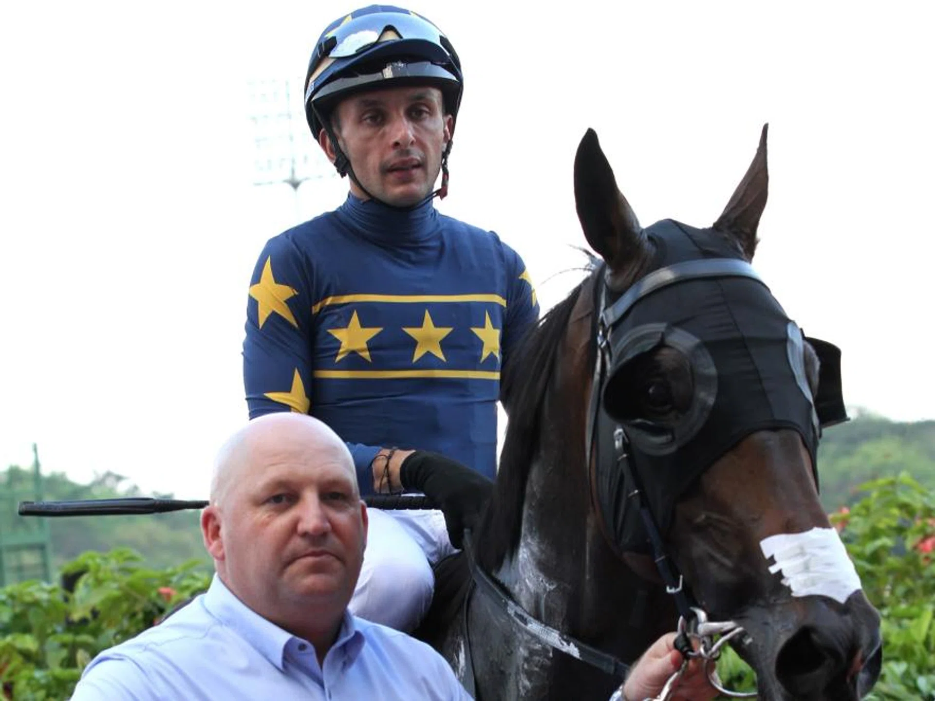 Dynamic duo Marc Lerner and Daniel Meagher at the winner's circle after odds-on favourite Lim's Bighorn won the last race on Sept 1, a Class 4 Division 1 race over 1,200m on Polytrack.