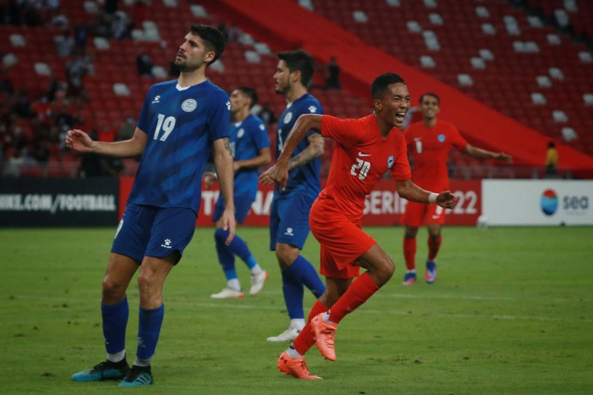 Shawal Anuar celebrates after scoring during the FAS Tri-Nations Series friendly tournament match between Singapore and the Philippines at the National Stadium on March 29, 2022.