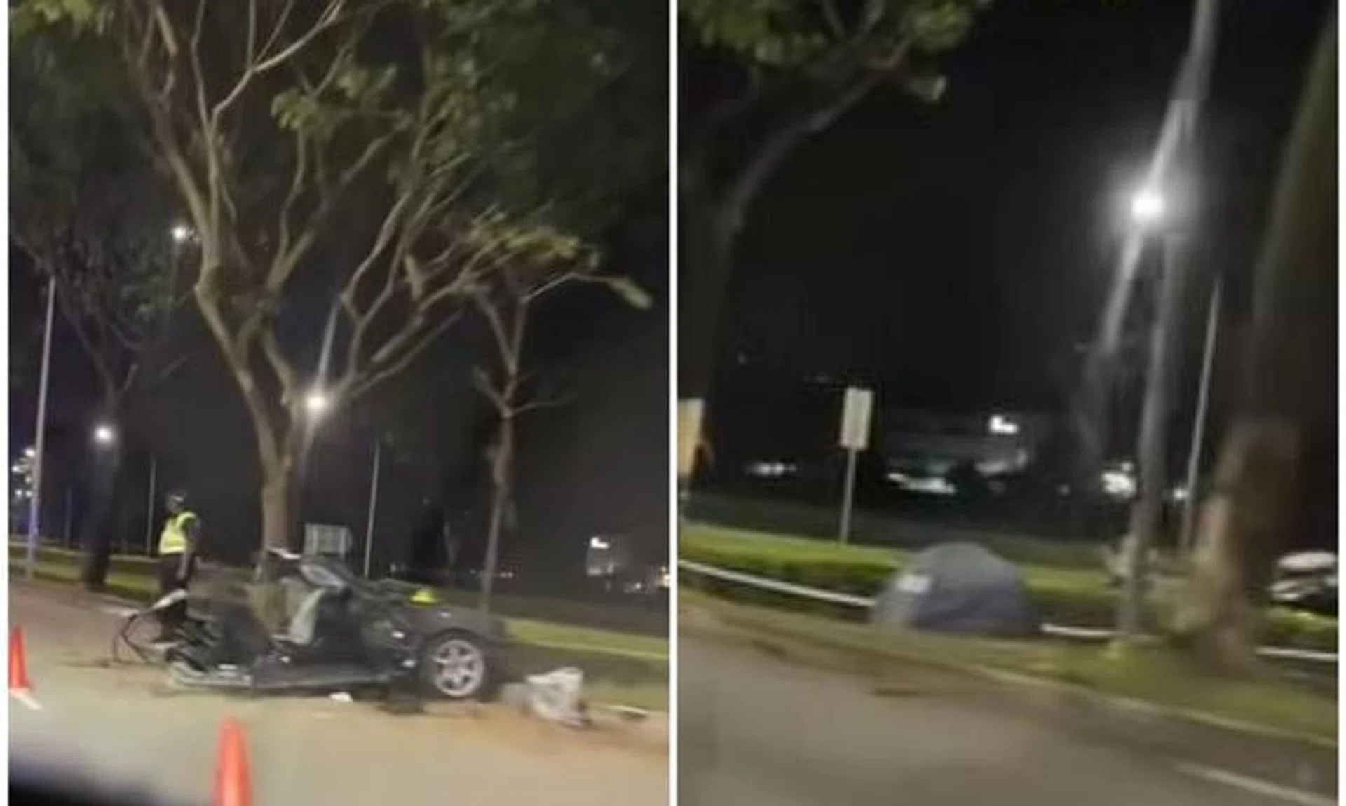In a video posted on Facebook page SG Road Vigilante, the front half of the car is seen metres away from a blue police tent. 