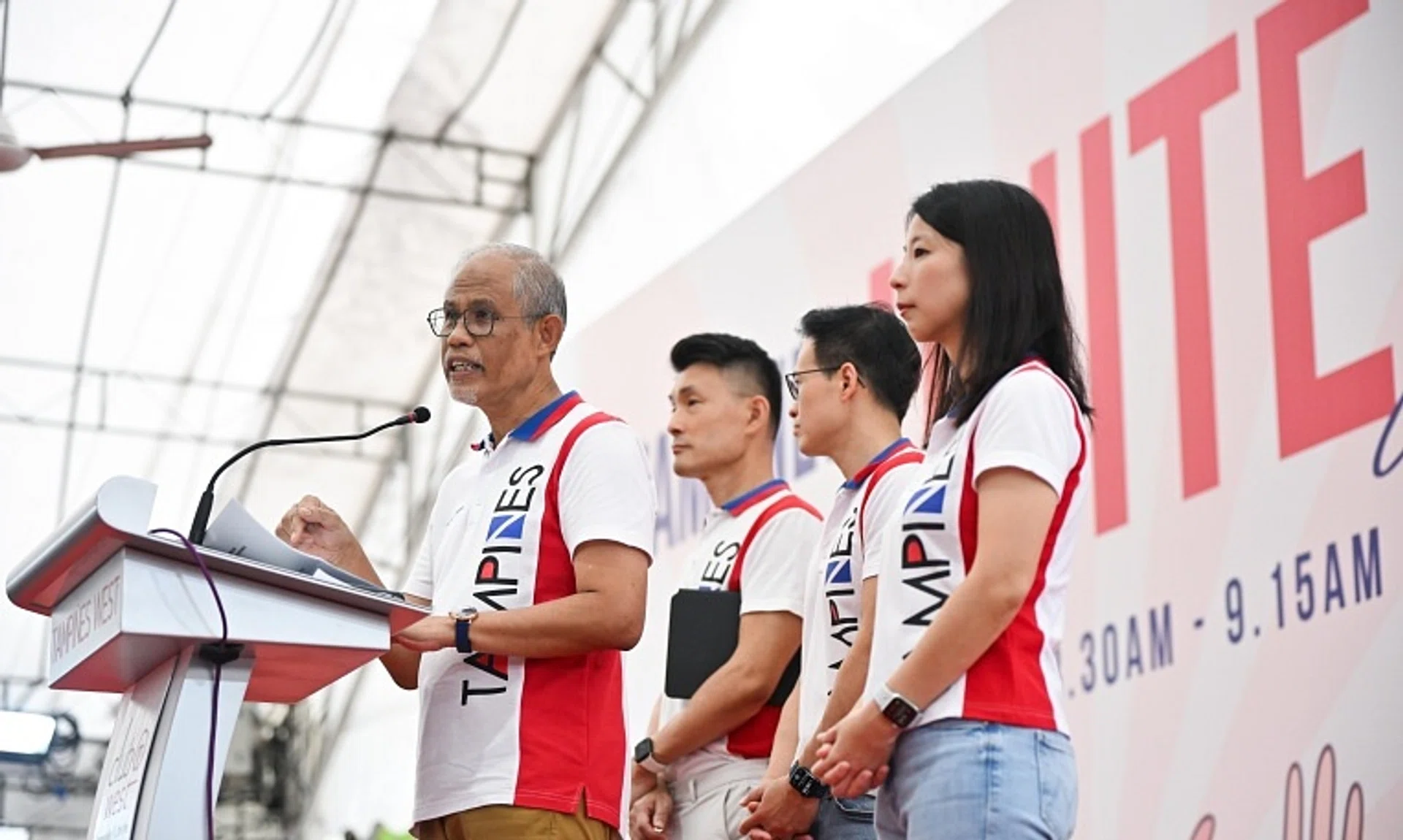 Mr Masagos Zulkifli giving the welcome speech during the Tampines Unite Gathering at the N8 Open Plaza at Tampines Street 81 on Oct 27.