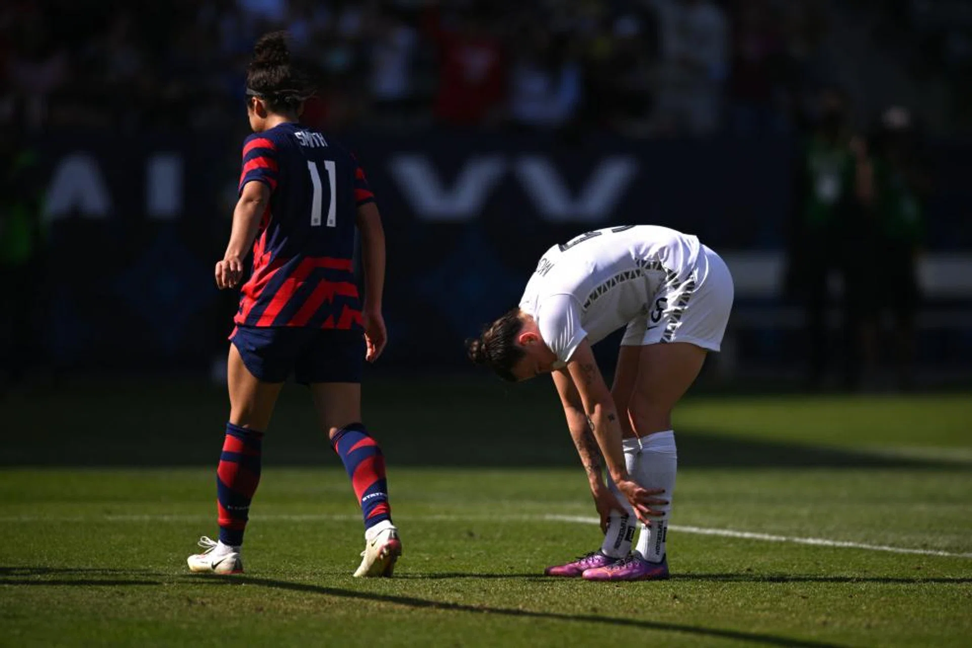 New Zealand defender Meikayla Moore (in white) after scoring one of her three own goals during an international soccer match in California last Sunday. 