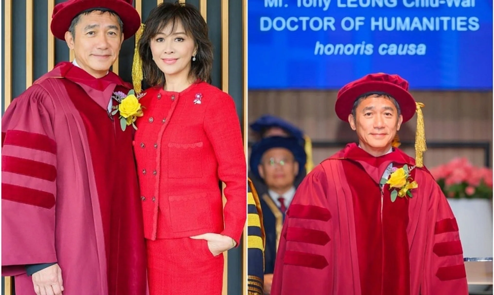 Hong Kong film actor Tony Leung Chiu Wai, who was awarded an honorary doctorate by the Hong Kong University of Science and Technology, with his actress-wife Carina Lau. 