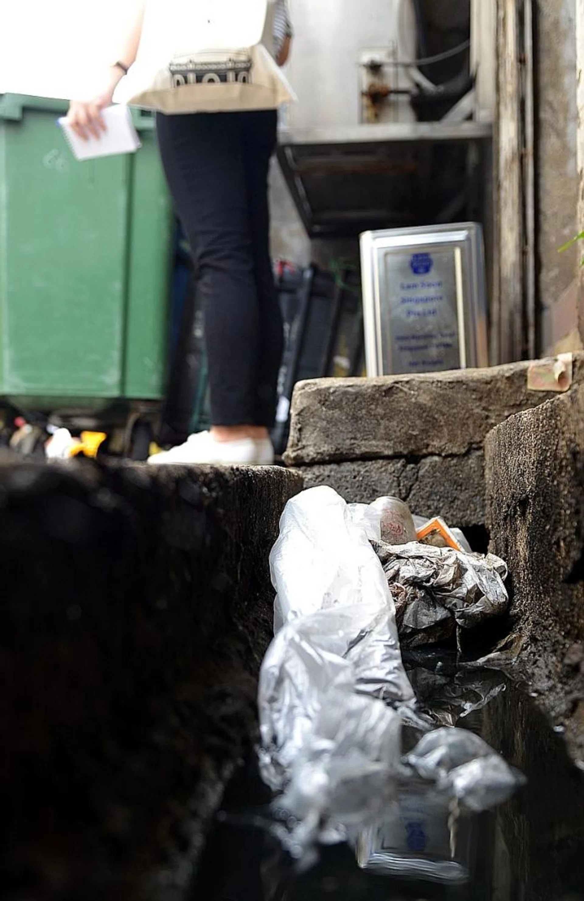IN GEYLANG: Rubbish-filled drains (above) and a pile of empty egg cartons behind a row of shophouses in Lorong 25A Geylang.