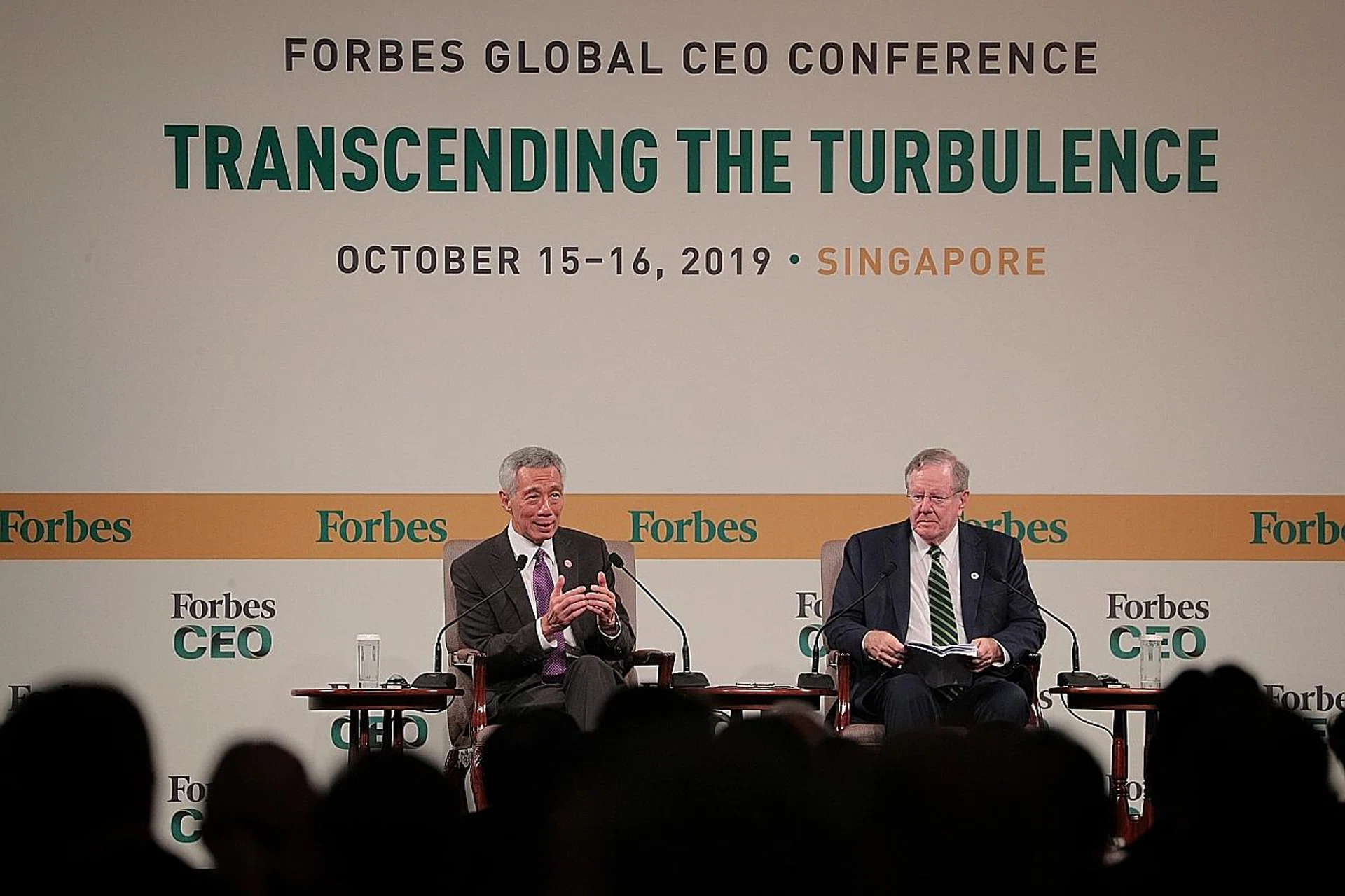 PM Lee Hsien Loong (left) and Forbes Media chairman and editor-in-chief Steve Forbes at the Forbes Global CEO Conference yesterday. 