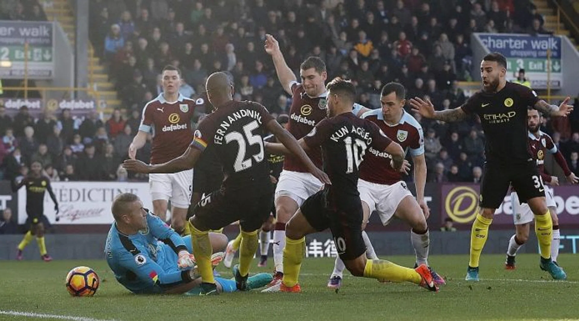 AGUERO AT THE DOUBLE: Man City's Sergio Aguero (No. 10) scoring their first goal.
