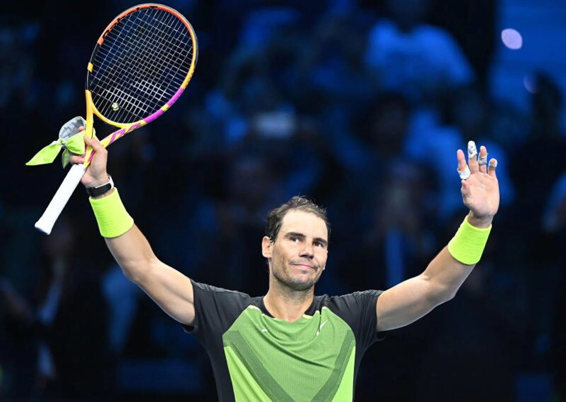Rafael Nadal celebrates after defeating Casper Ruud in their group match at the ATP Finals in Turin on Nov 17. 