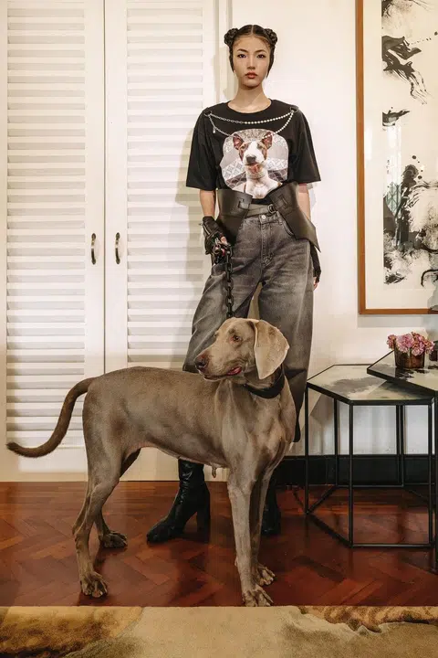 Furry Tales' Leopold Link Tee, modelled alongside rescue weimaraner Xena.