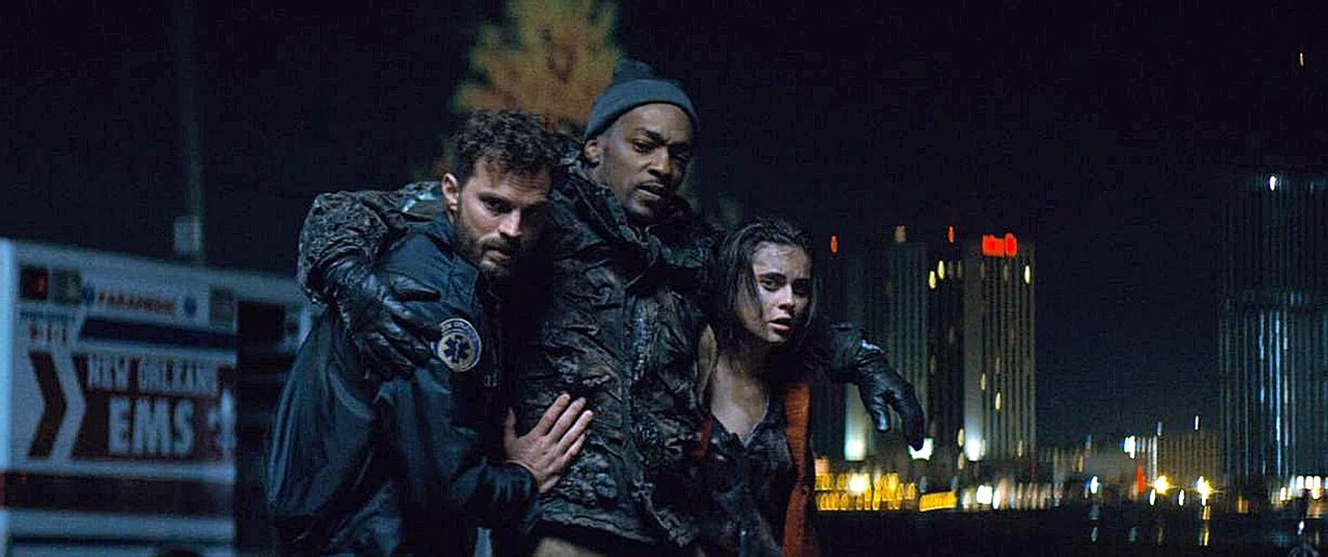 (From left) Jamie Dornan, Anthony Mackie and Ally Ioannides in Synchronic. 