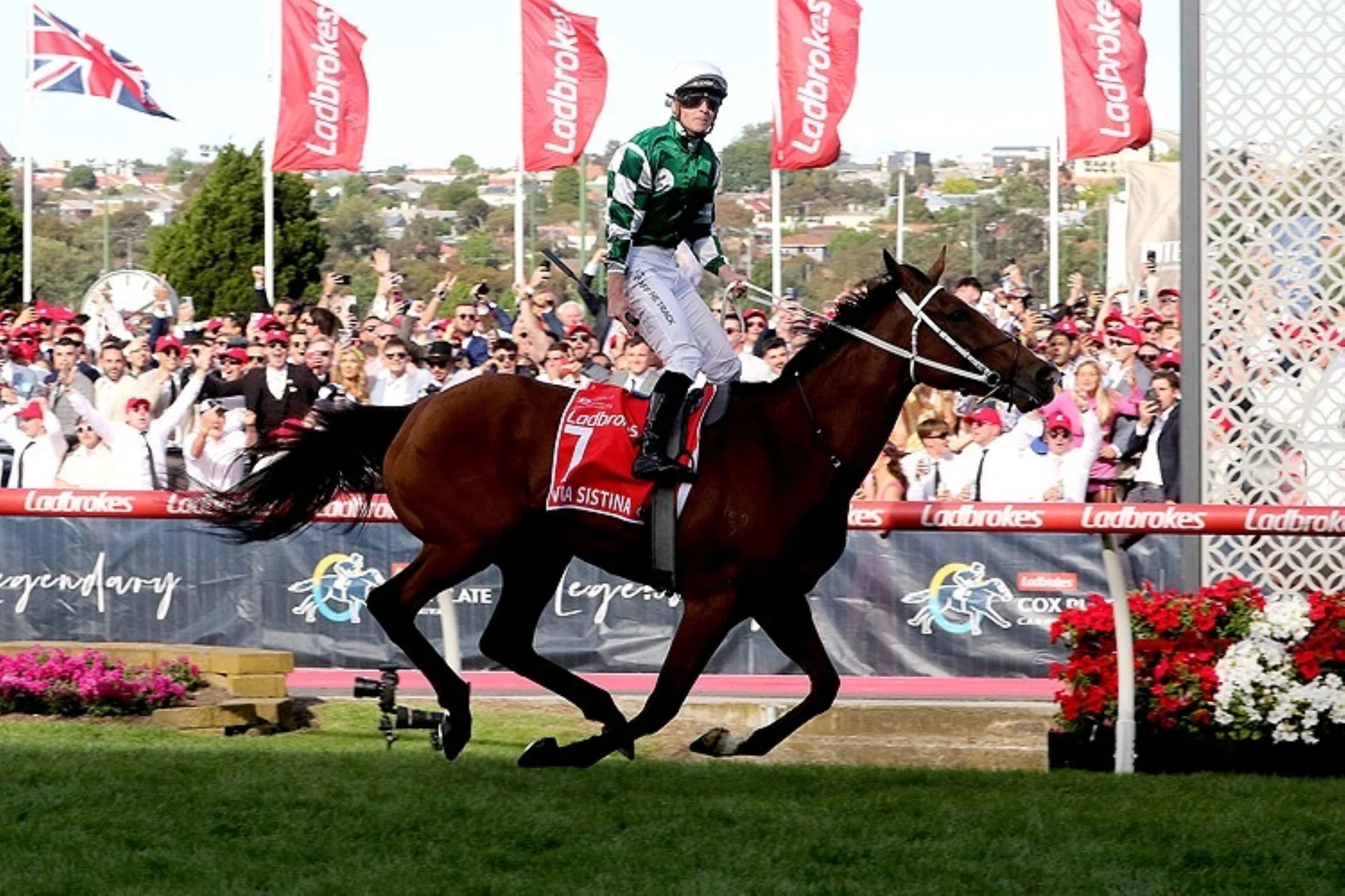 Jockey James McDonald standing high in the irons after Via Sistina romped home in the Group 1 Cox Plate (2,040m) at Moonee Valley on Oct 26, 2024. 