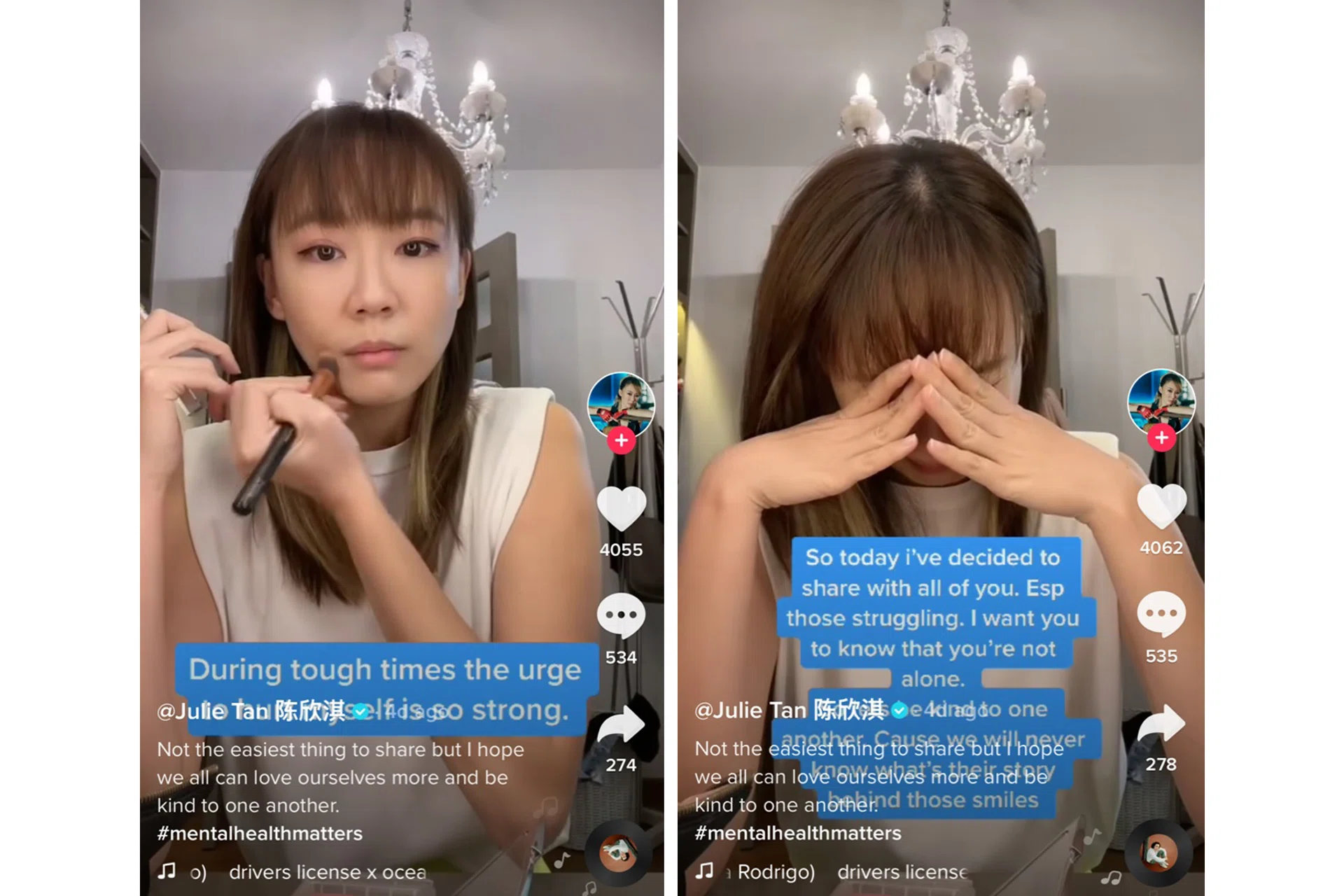 Screengrabs of actress Julie Tan's TikTok video in which she broke down while doing her make-up.